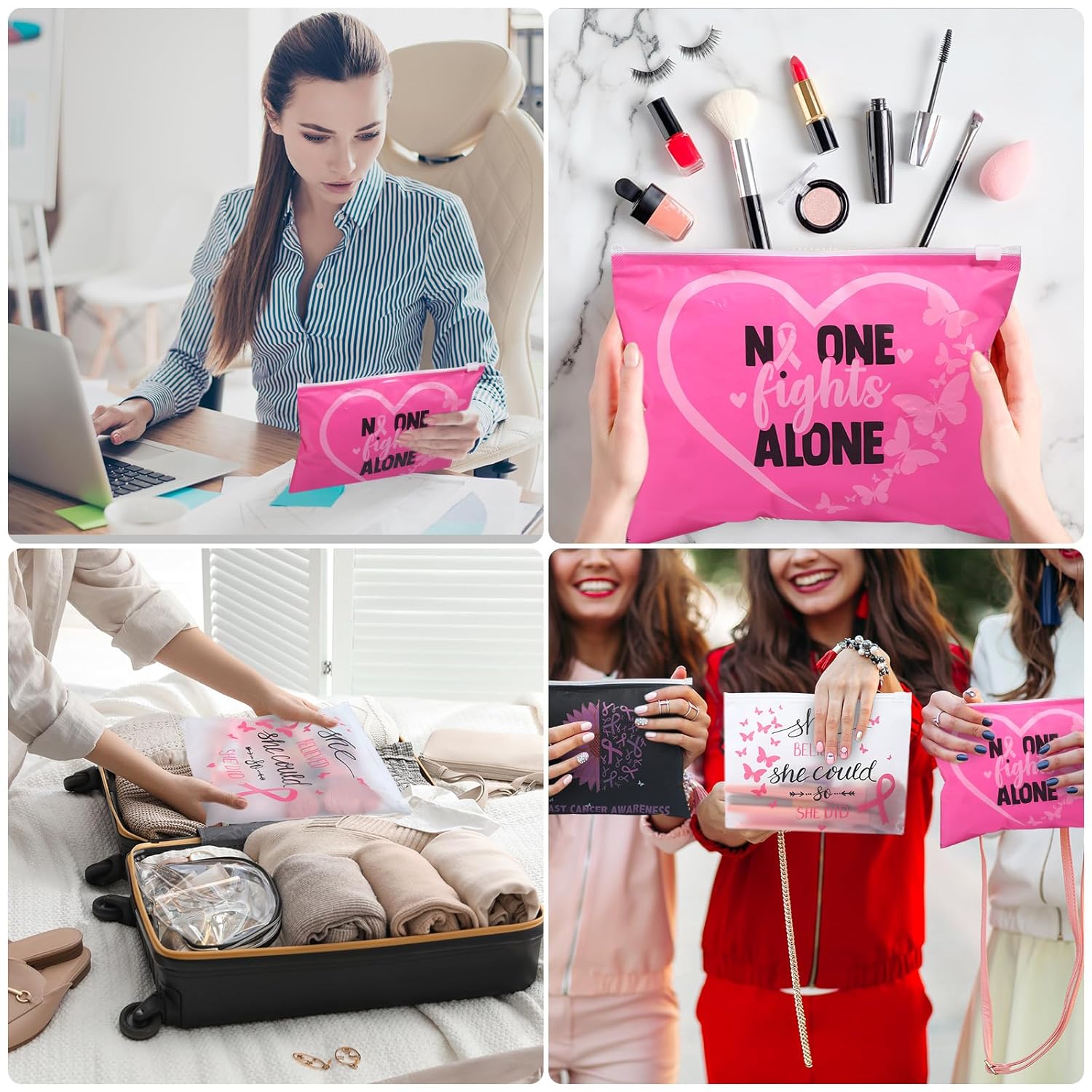 Kajaia 120 bolsas de maquillaje para concientización sobre el cáncer de mama, bolsa de maquillaje para mujeres, bolsa cosmética con cremallera para