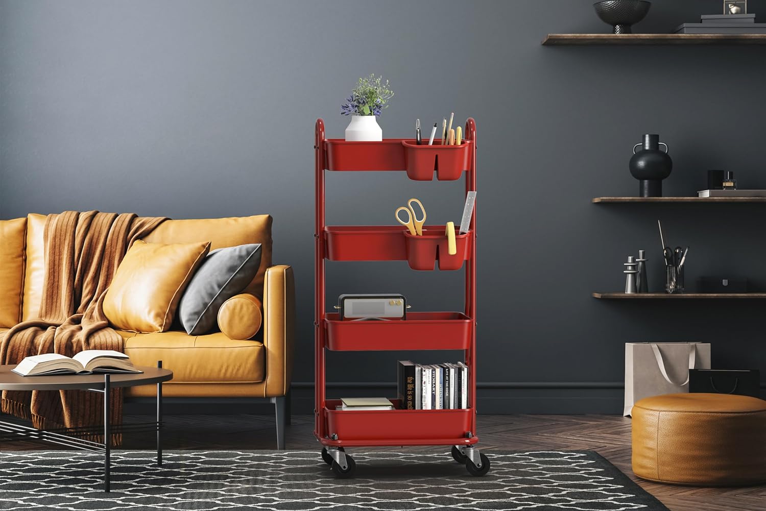 SimpleHouseware – Carrito utilitario multifuncional de 4 niveles con divisores de cesta y cubos colgantes, color rojo