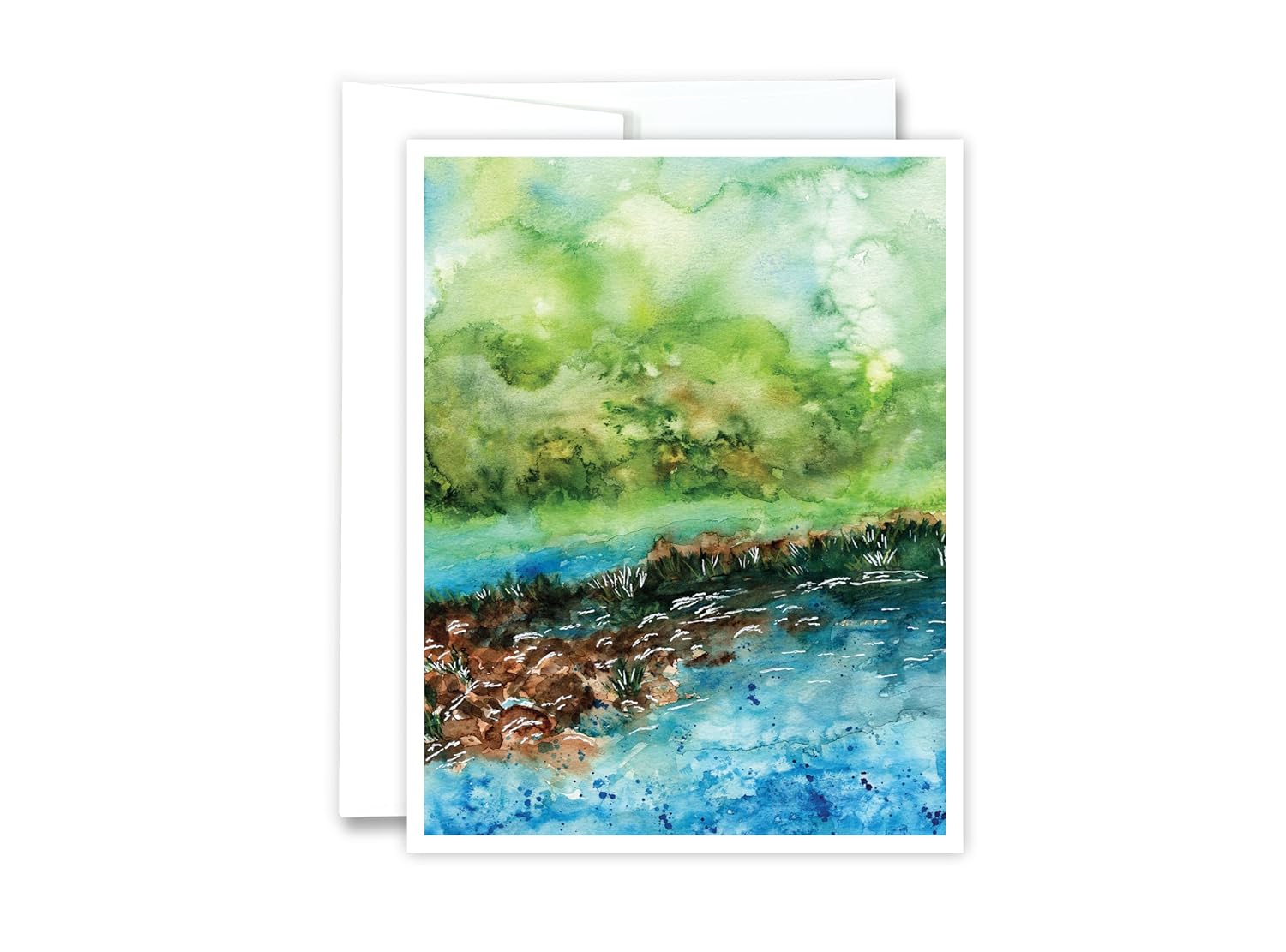 Abstract Riverside Card – Single Greeting Card – Watercolor Nature Card, Outdoor Scenery Greeting Card, Blank Inside