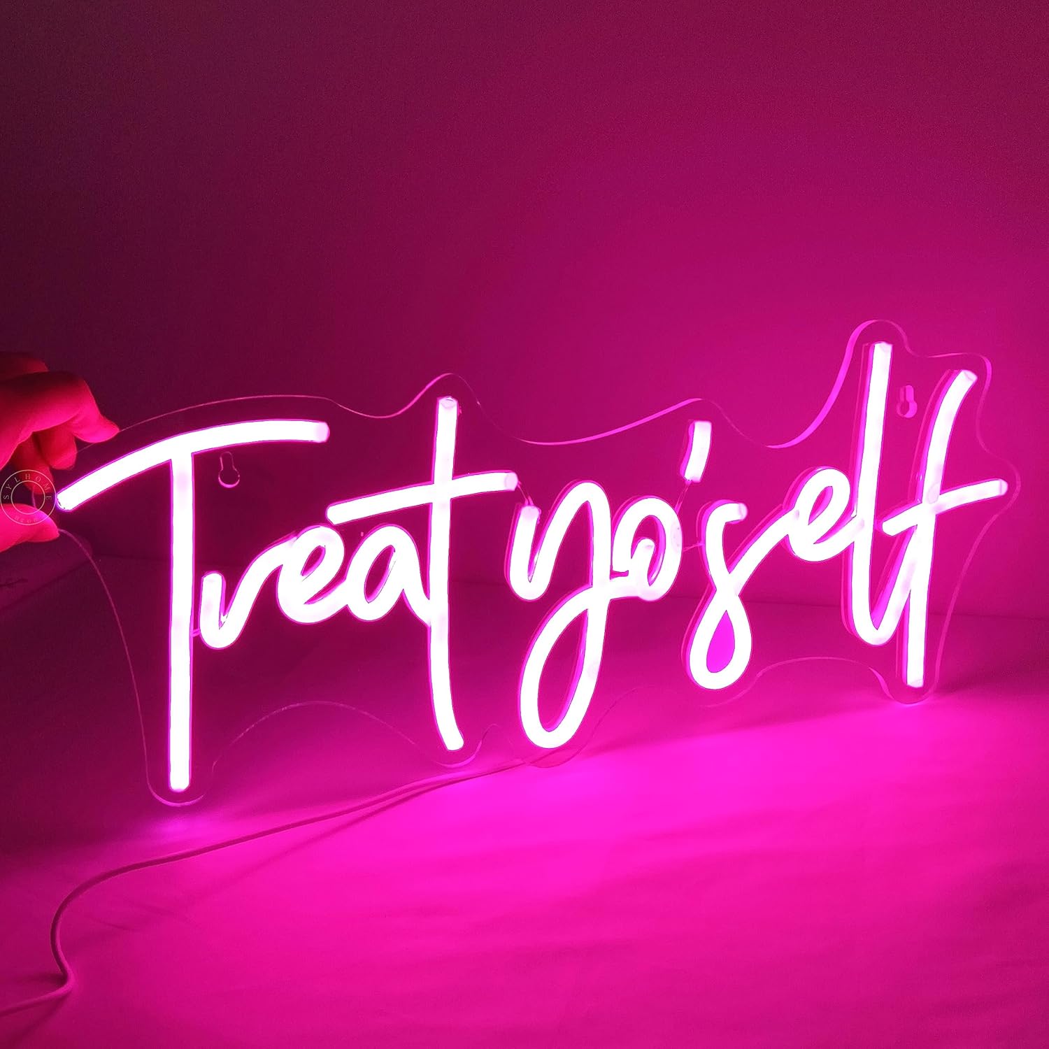 Letrero de luz LED de neón rosa con texto en inglés “Treat Yourself”, para dormitorio, habitación de los niños, sala de estar, decoración de pared,