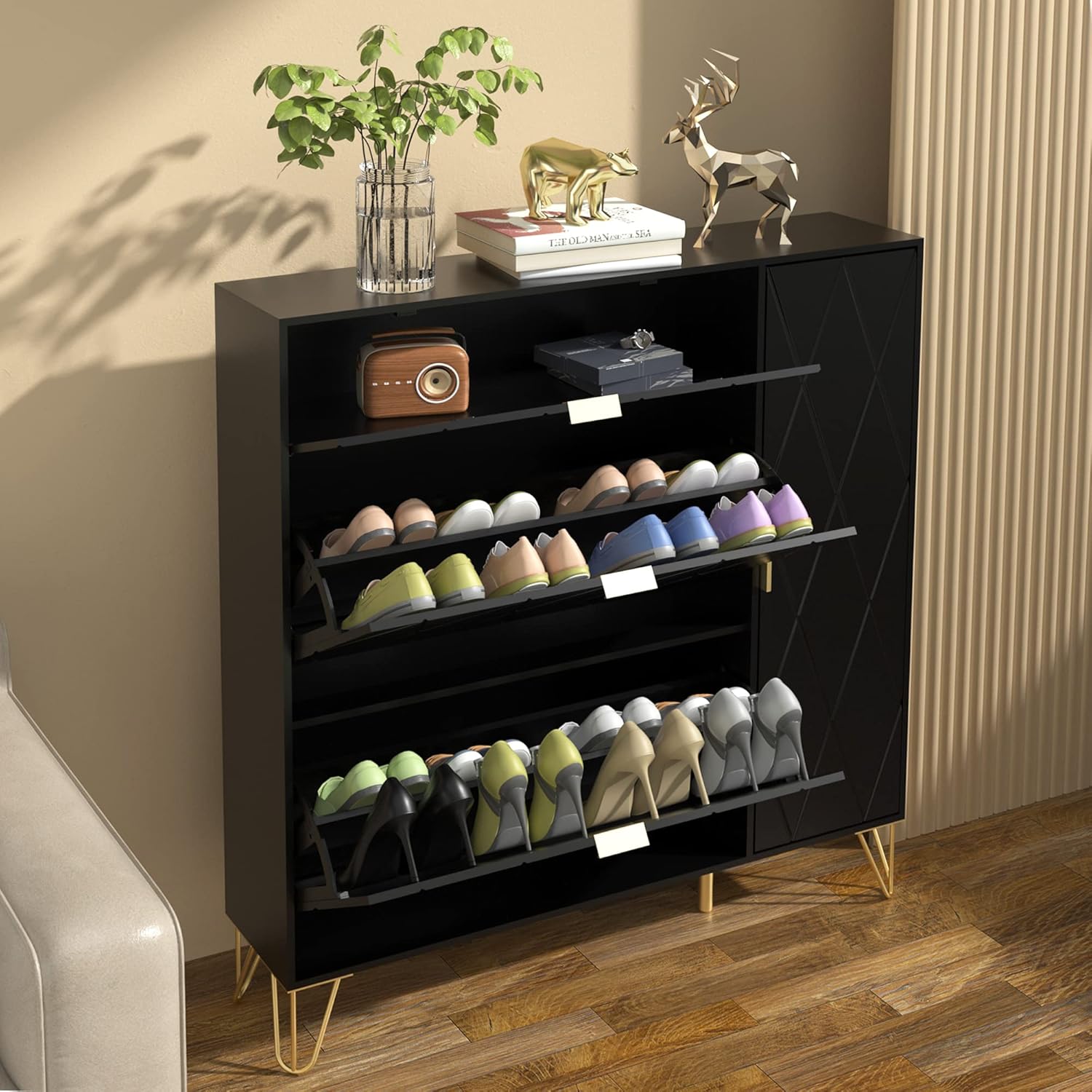Anbuy Armario para zapatos, armario de almacenamiento de zapatos con 3 cajones abatibles y estantes de almacenamiento, armario estrecho para
