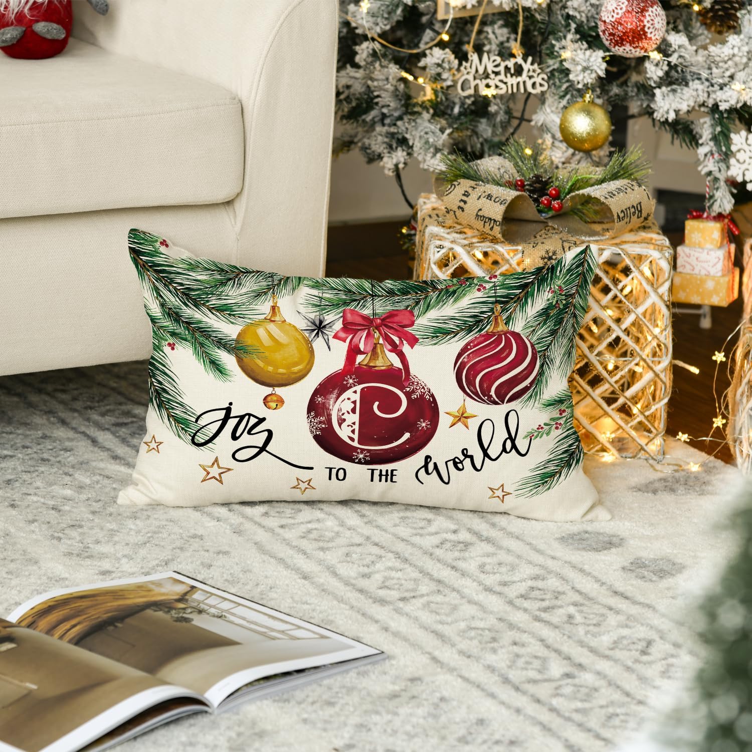 AVOIN colorlife Funda de almohada con monograma de Navidad, letra C, 12 x 20 pulgadas, diseño de letras de apellido Joy to The World, decoración con