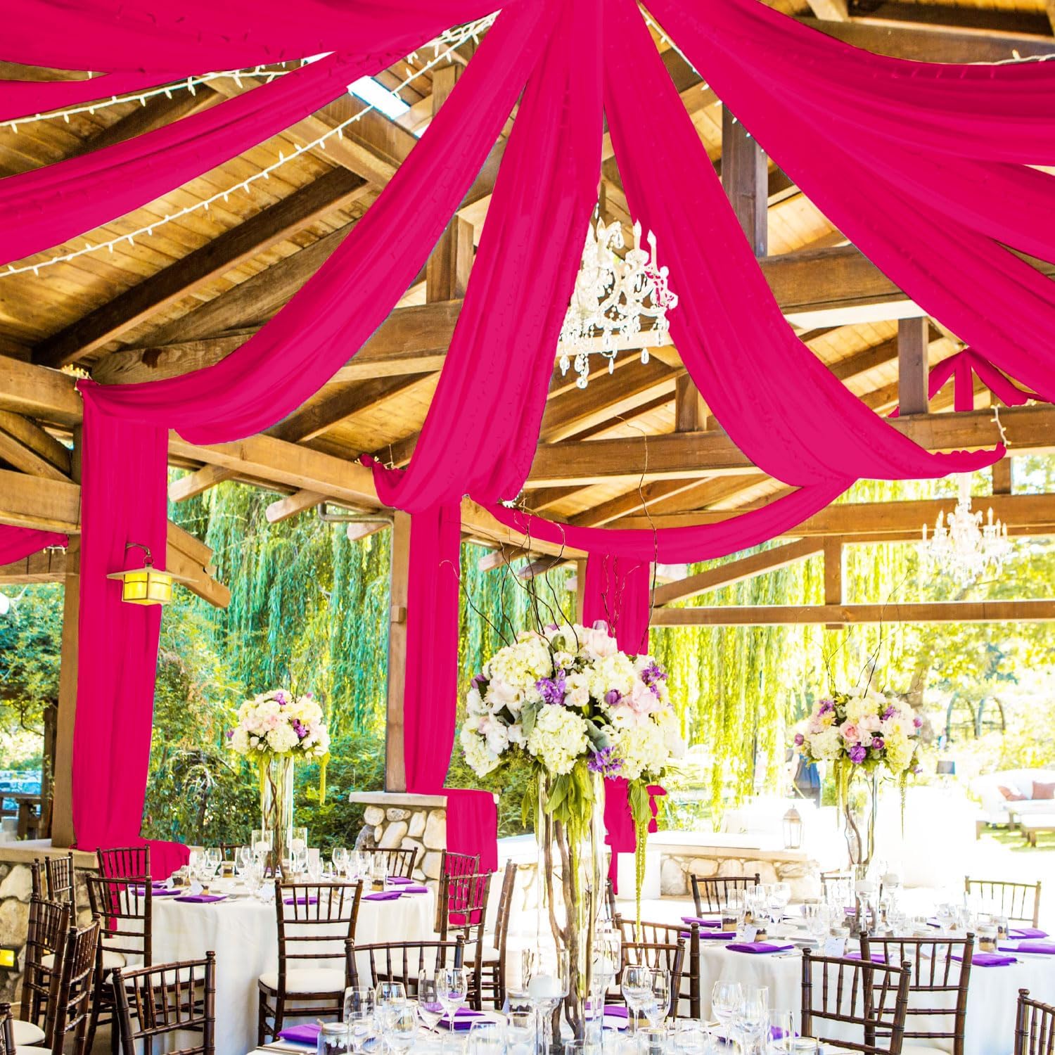 PATYDEST Cortinas de techo para bodas, 5 x 20 pies, tela de gasa rosa intenso para ceremonia de boda, cortinas de techo de tela transparente,