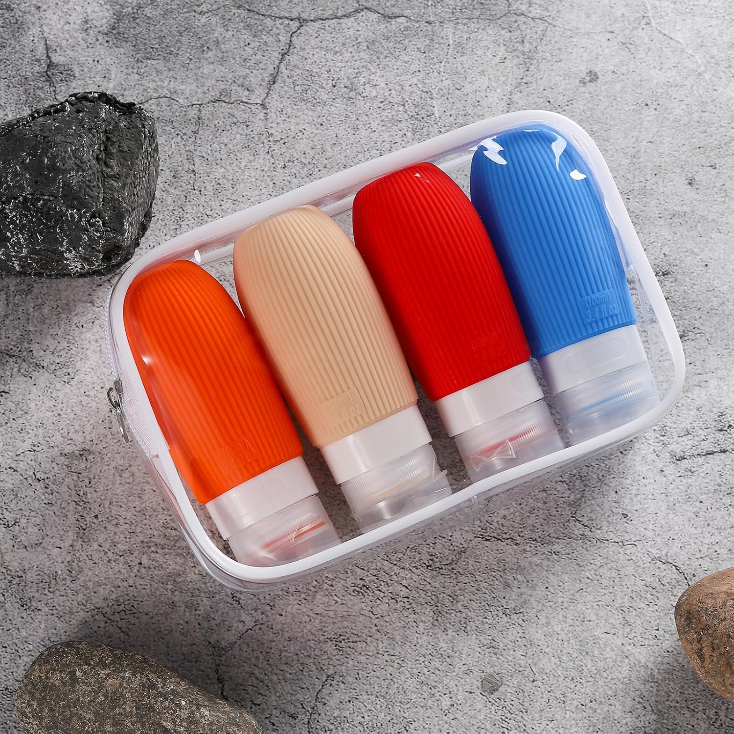 Botellas de viaje de silicona exprimibles aprobadas por la TSA de 3.4 onzas, a prueba de fugas, recipientes sin BPA para champú, acondicionador,
