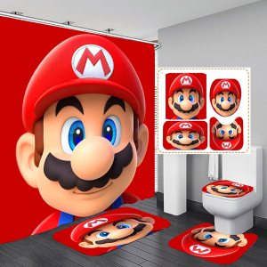Juego de 4 cortinas de ducha de Mario para baño, cubierta para tapa de inodoro y tapete de baño, alfombras antideslizantes, duraderas e Juego de 4 cortinas de ducha de Mario para baño, cubierta para tapa de inodoro y tapete de baño, alfombras antideslizantes, duraderas e