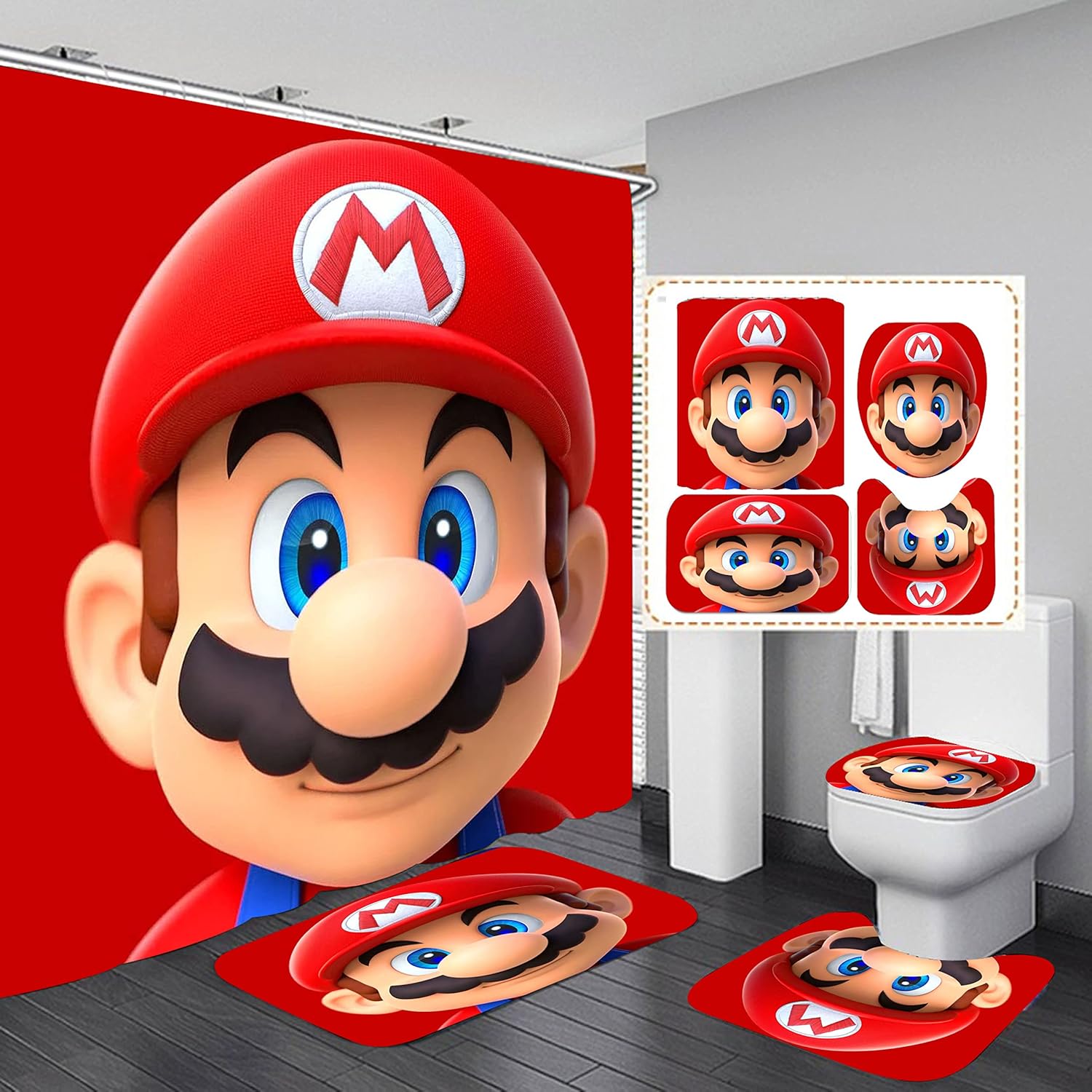 Juego de 4 cortinas de ducha de Mario para baño, cubierta para tapa de inodoro y tapete de baño, alfombras antideslizantes, duraderas e