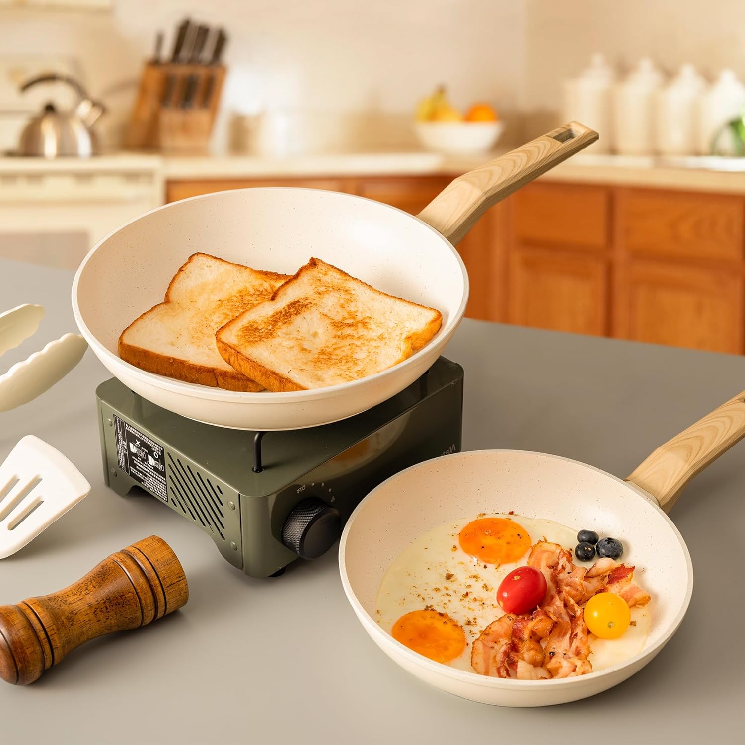 HAFMOOBEY Juego de ollas y sartenes antiadherentes, 21 piezas de utensilios de cocina de inducción de granito beige con sartenes, cacerola y ollas