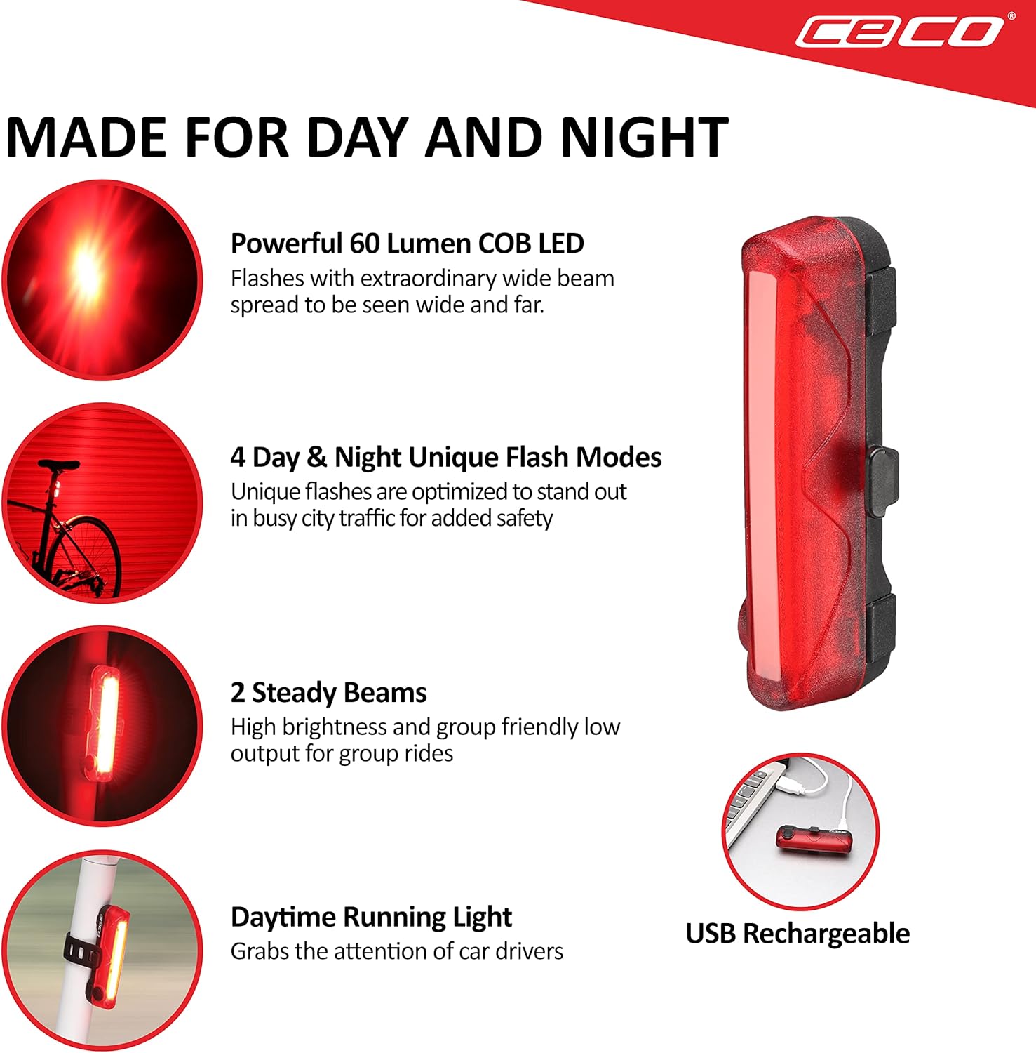 -Estados Unidos Luz trasera de bicicleta recargable USB de 60 lúmenes – Super Wide & Bright Modelo TC60 Luz trasera de bicicleta – IP67 impermeable,