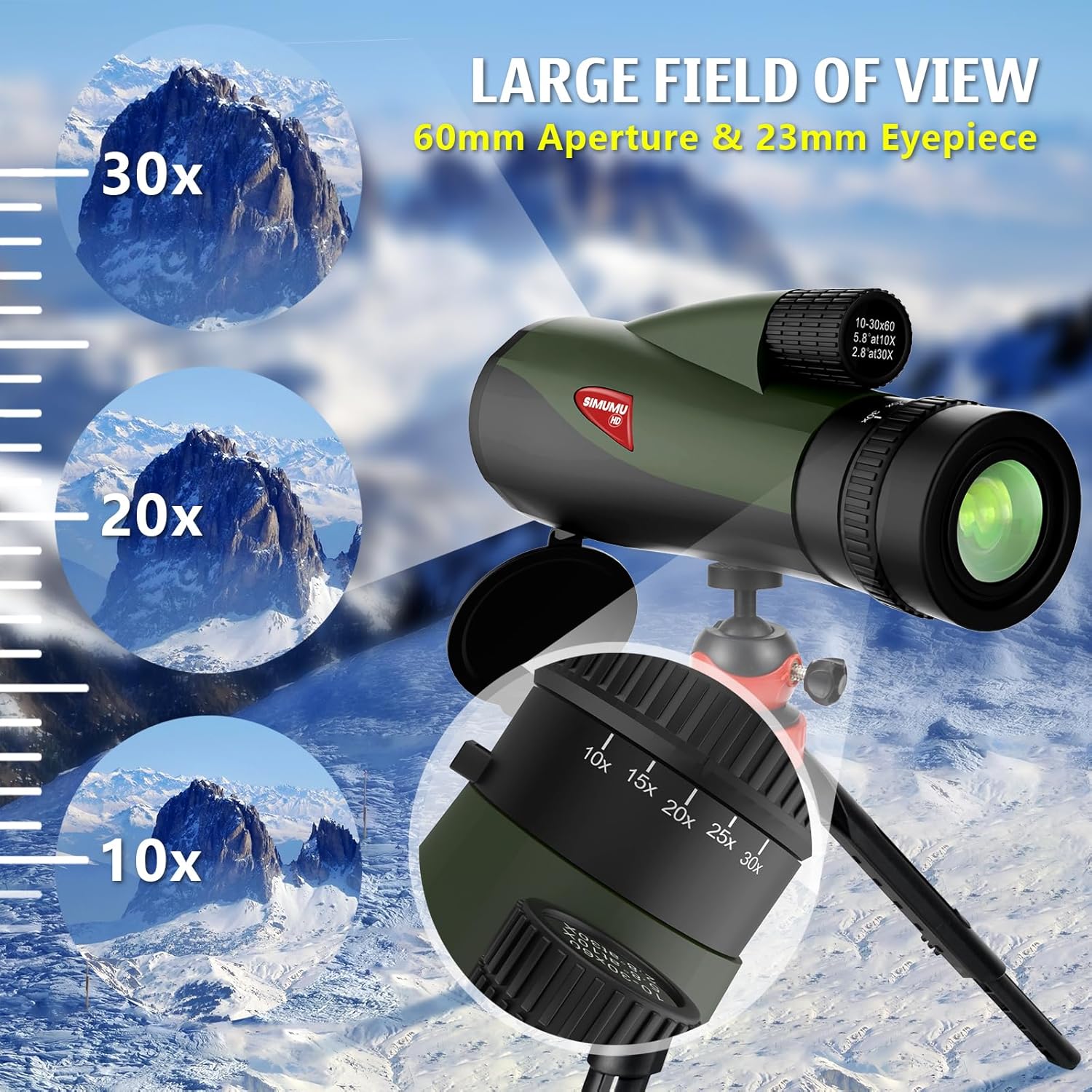 Zoom 10-30×60 Monocular de alta potencia para adultos, telescopio impermeable con adaptador de teléfono, trípode y funda de cuero, perfecto para