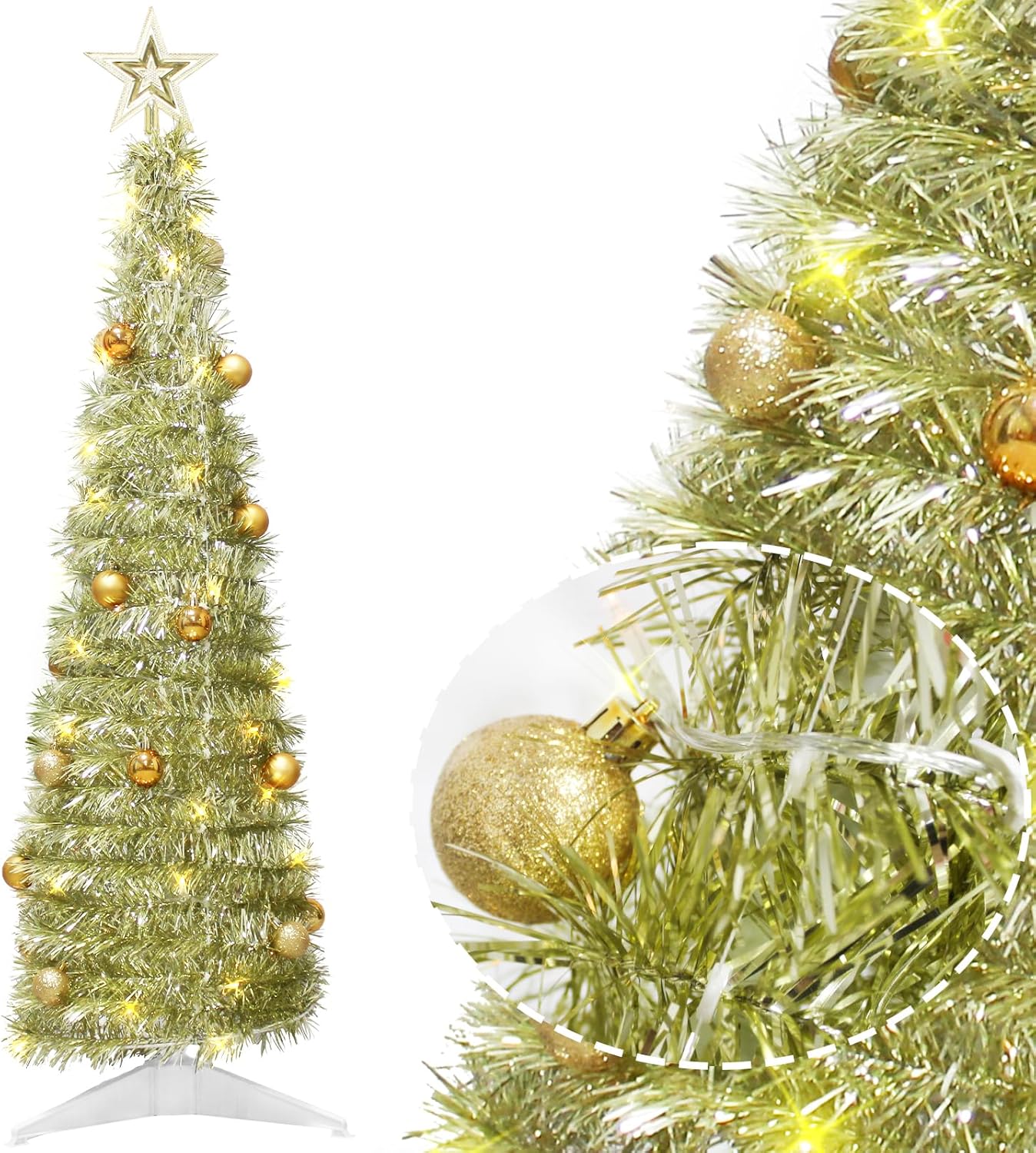Árbol de Navidad desplegable de 4 pies para decoración de interiores, mini árbol de Navidad preiluminado con 60 luces, árbol de Navidad artificial