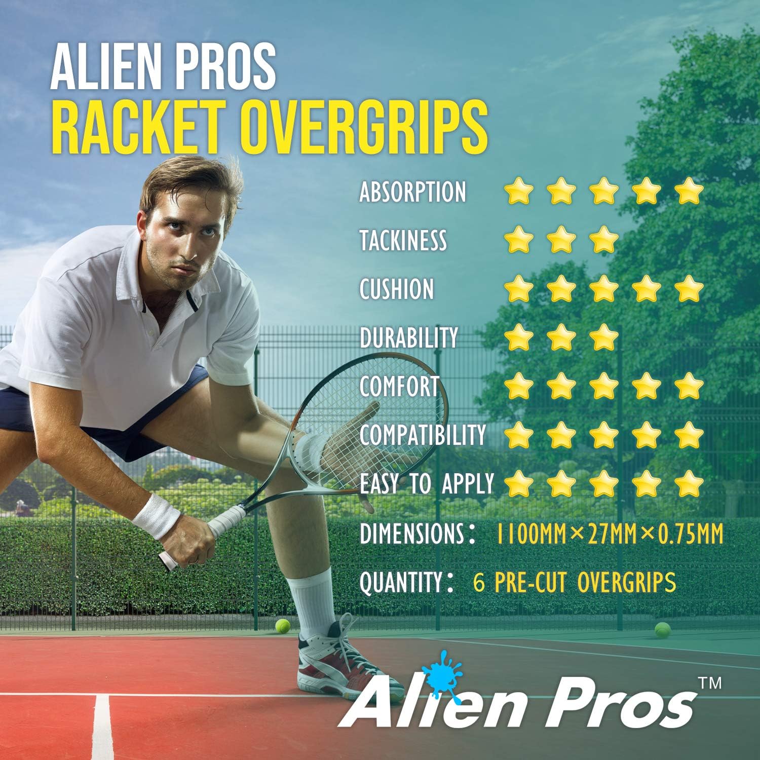 Alien Pros – Cinta de agarre para raqueta de tenis (6, 12 o 60 agarres), agarre de tenis precortado y con sensación seca, cinta de agarre para