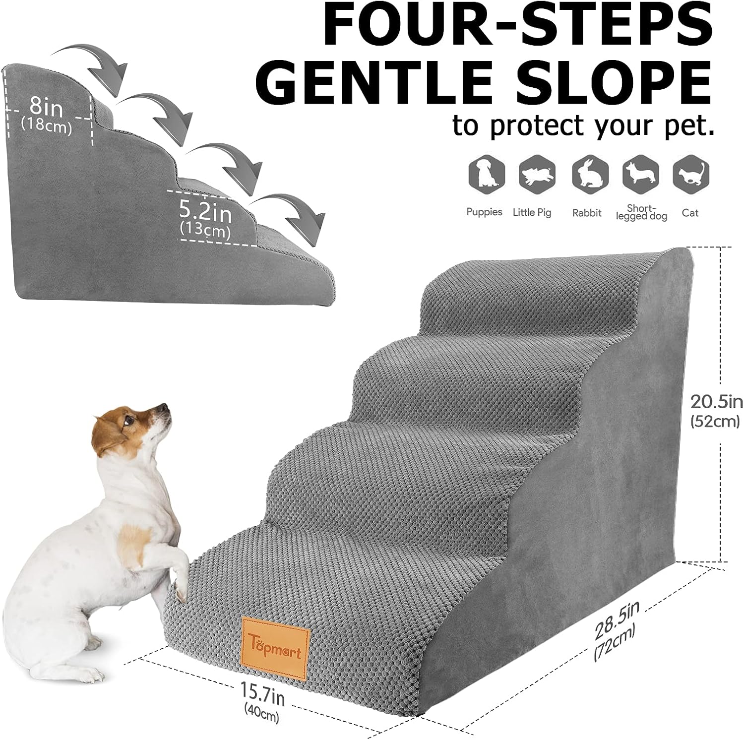 Topmart Escalones de espuma de alta densidad para perros de 4 niveles, peldaños profundos extra anchos, escaleras antideslizantes para mascotas,