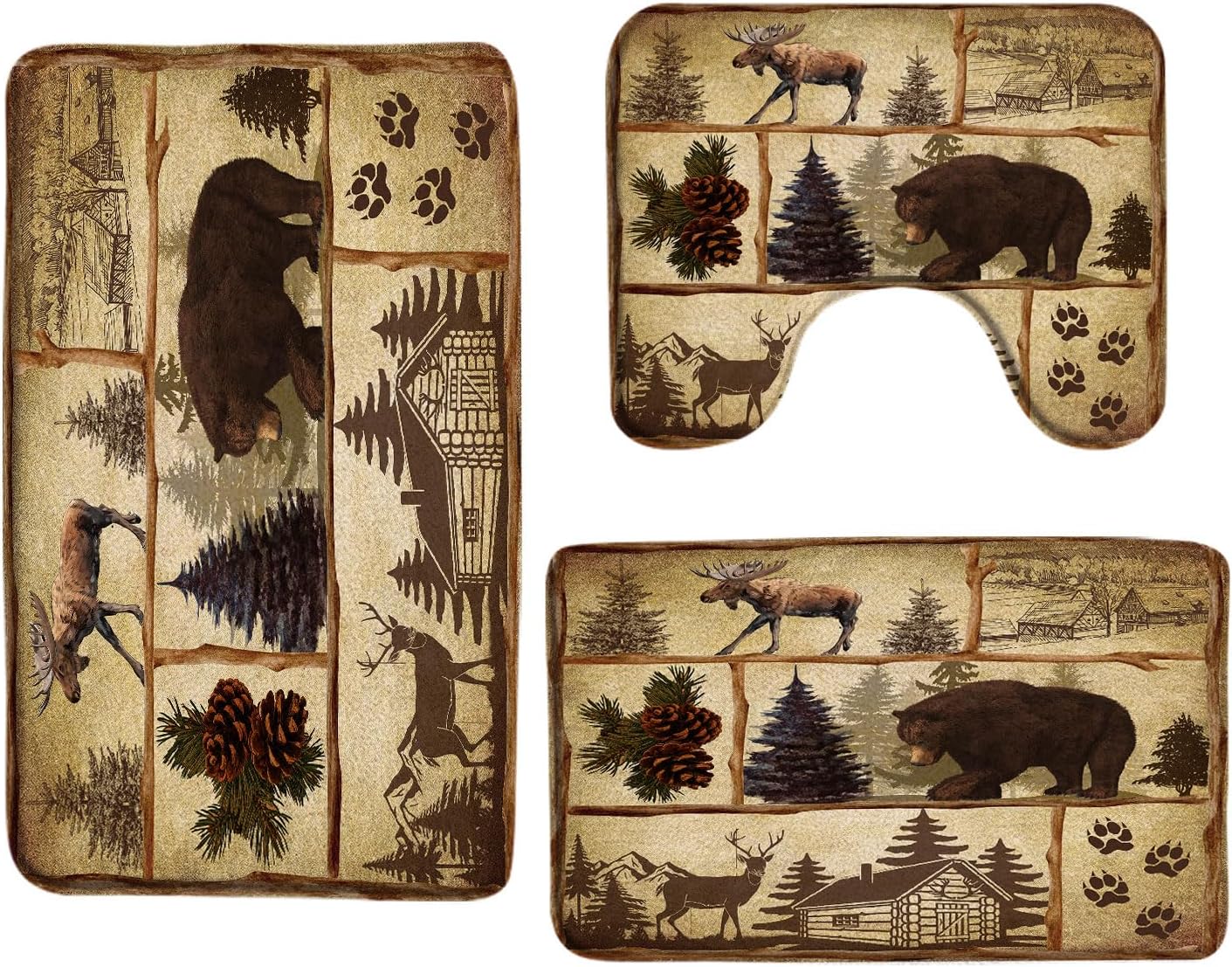 Juego de 3 alfombras de baño rústicas, alfombras de baño de estilo rústico con oso, alce, bosque, granja, granja, granja, granja, granja, granja,