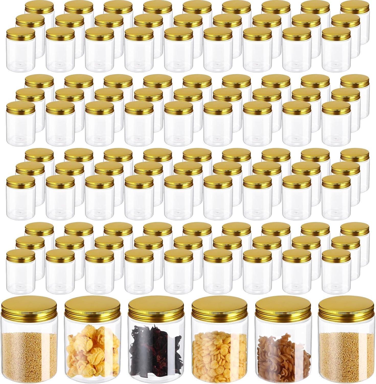 Gejoy 96 tarros de plástico transparente de 8 onzas, recipientes redondos vacíos de almacenamiento con tapas de rosca, pequeños frascos de cocina