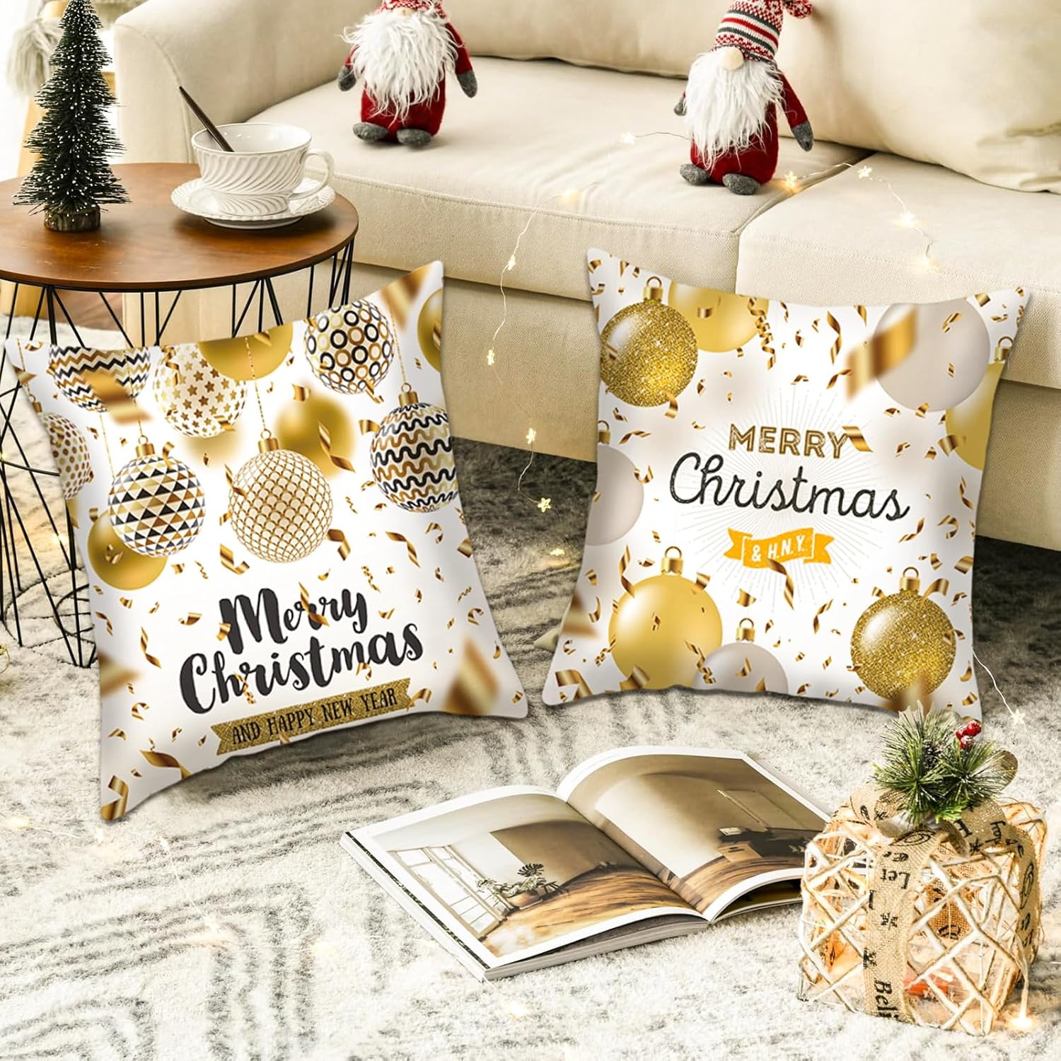 Juego de 4 fundas de almohada de Navidad de color oro blanco, 18 x 18 pulgadas, decoraciones de Navidad súper suaves, para sofá, decoración de cojín