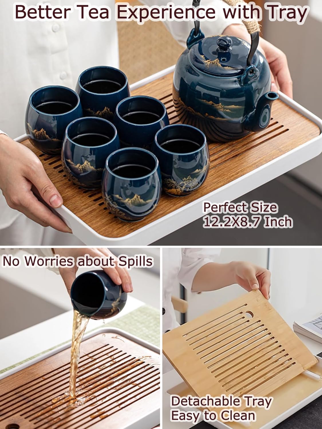 Juego de té japonés tradicional, chinoasiático para 6 adultos, bonito juego de té con bandeja e infusor, tetera de porcelana y tazas de té, tetera