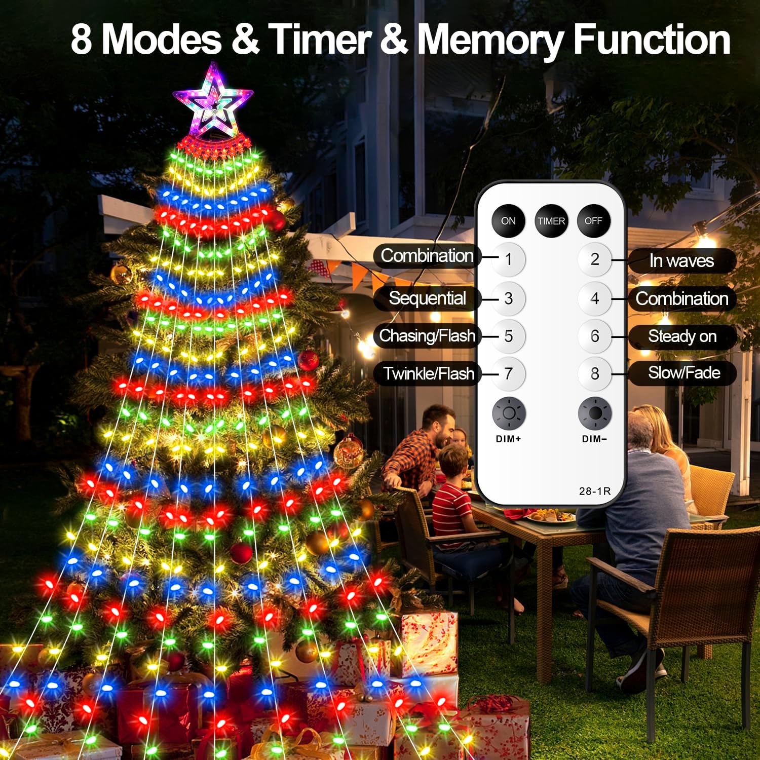 Luces de estrella para decoración de Navidad al aire libre, 11.48 pies, 350 luces LED de árbol de cascada con 8 modos de temporizador, control