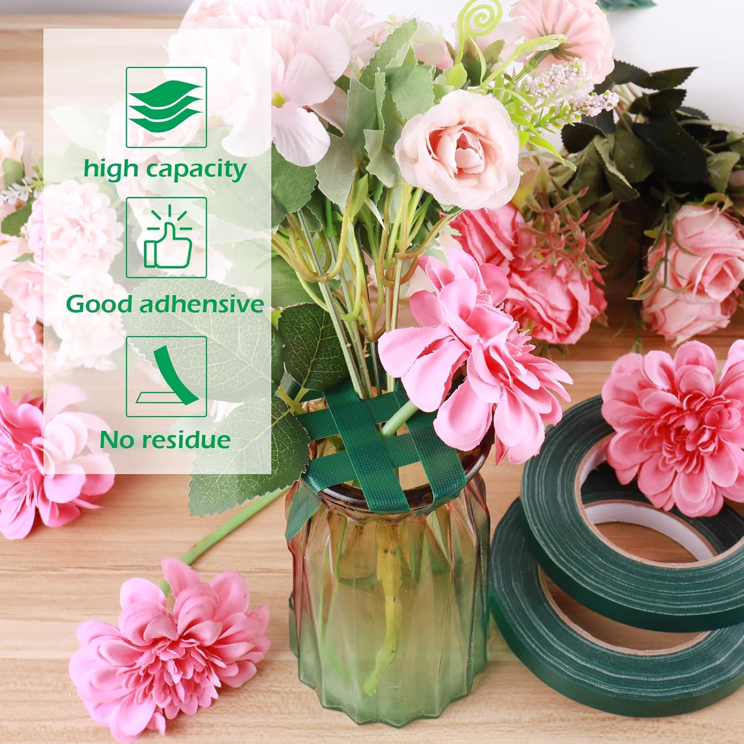 GLAMFIELDS Cinta floral verde, cinta adhesiva impermeable para ramos de flores de 0.5 pulgadas (60 yardas180 pies) – 1 rolloverde
