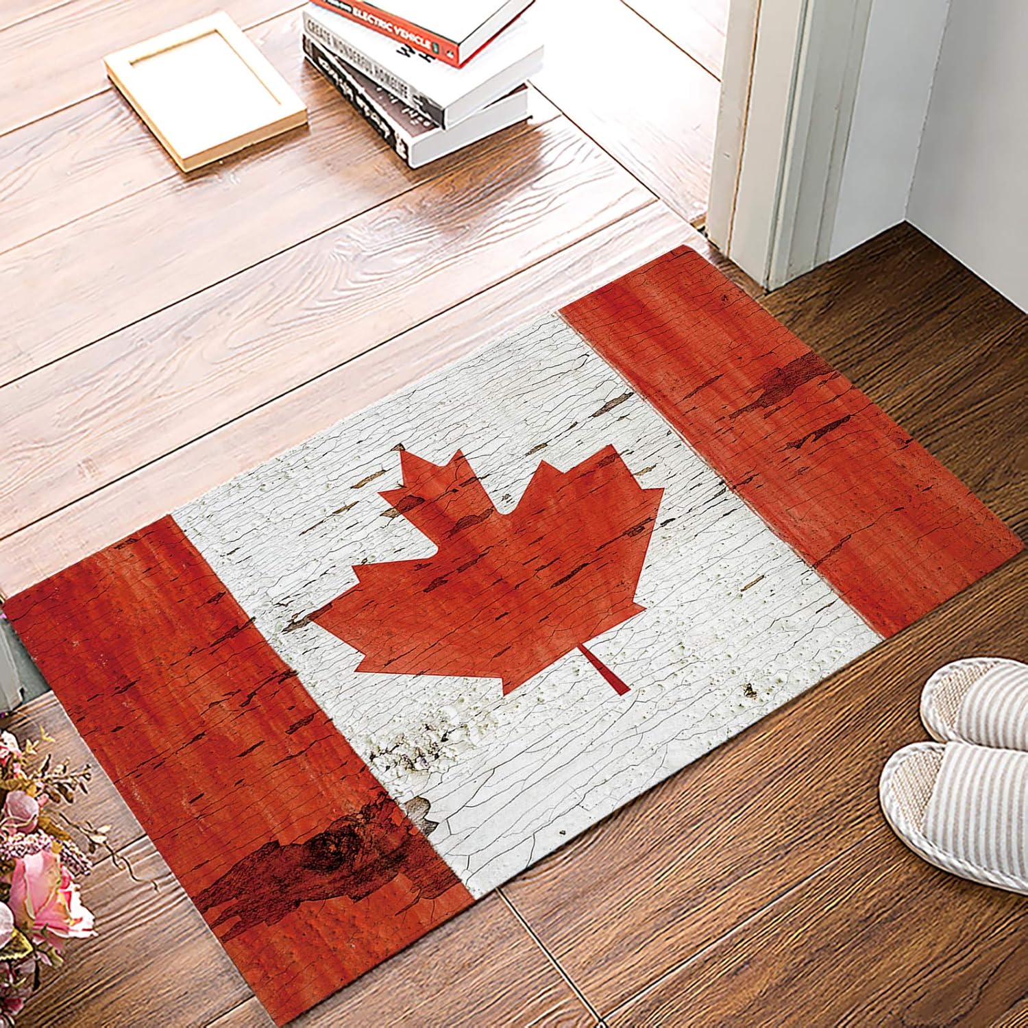 Autumn Indoor Bath Mat, Anti-Slip Machine Washable Entry Rug Easy Clean Welcome Mat Floor Mat for Inside Home Decoration Red Maple Leaf and Lines