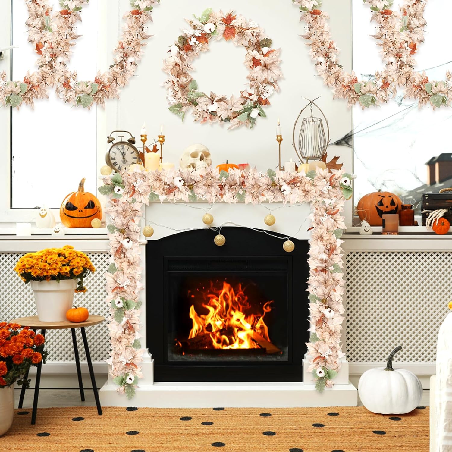 2 guirnaldas de hojas de arce de otoño de 5.9 pies, guirnalda de bayas de calabaza blanca, enredaderas colgantes, cosecha de otoño, decoración de