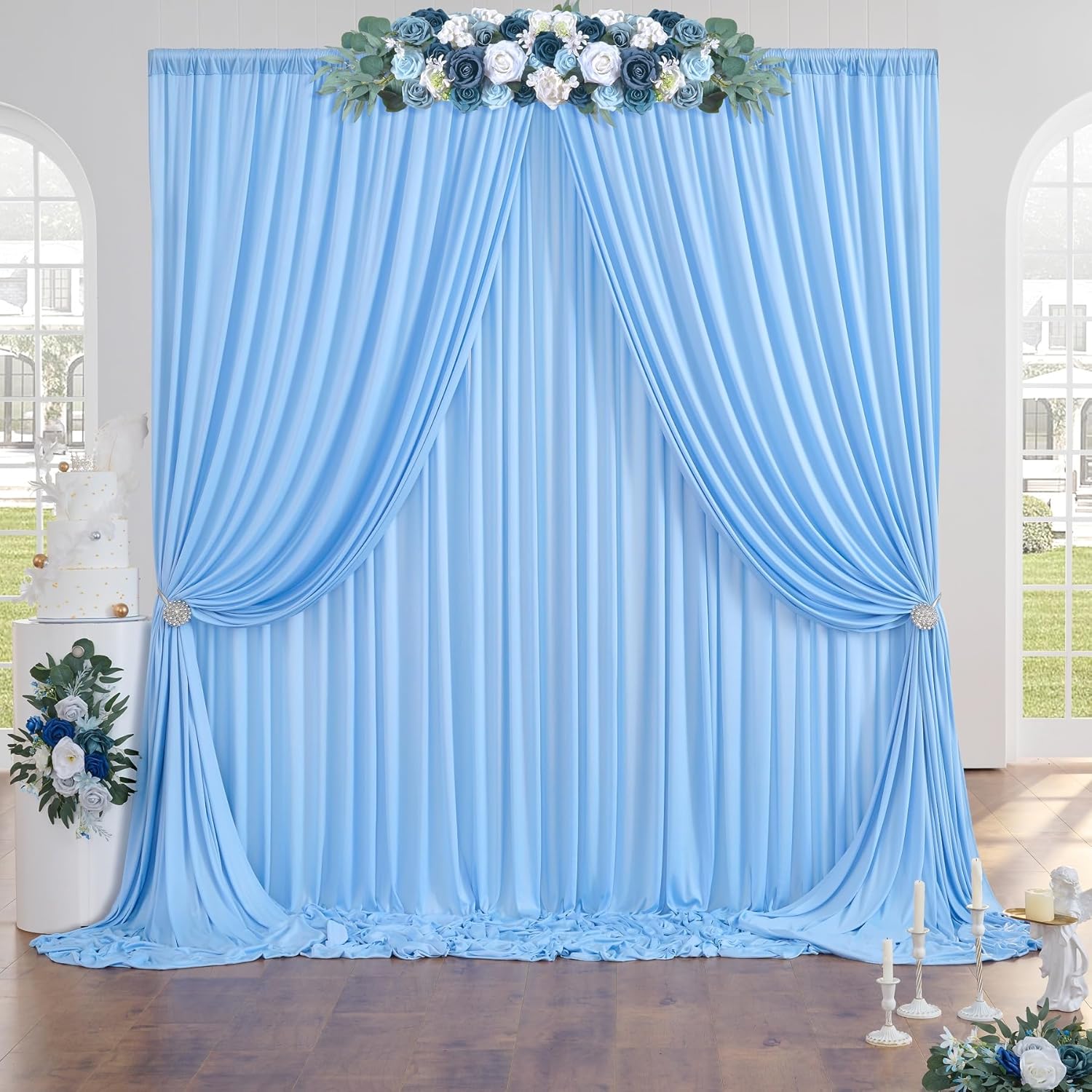 Cortinas de fondo azul bebé de 10 x 20 pies, sin arrugas, cortinas de fondo de poliéster azul claro, decoraciones de fondo para fiesta