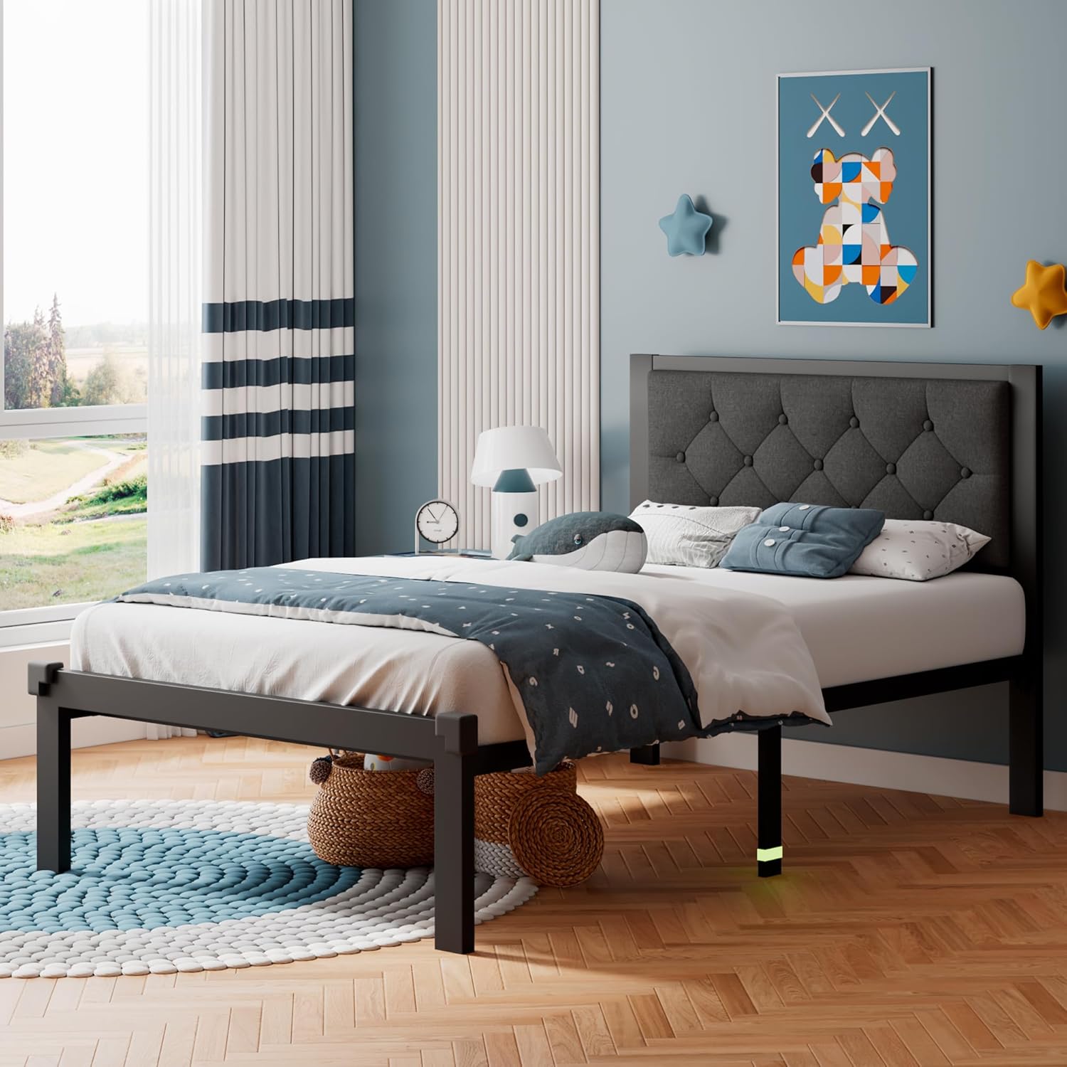 iPormis Marco de cama de metal tamaño individual, marco de cama de plataforma de lino con cabecera capitoné con botones, espacio debajo de la cama