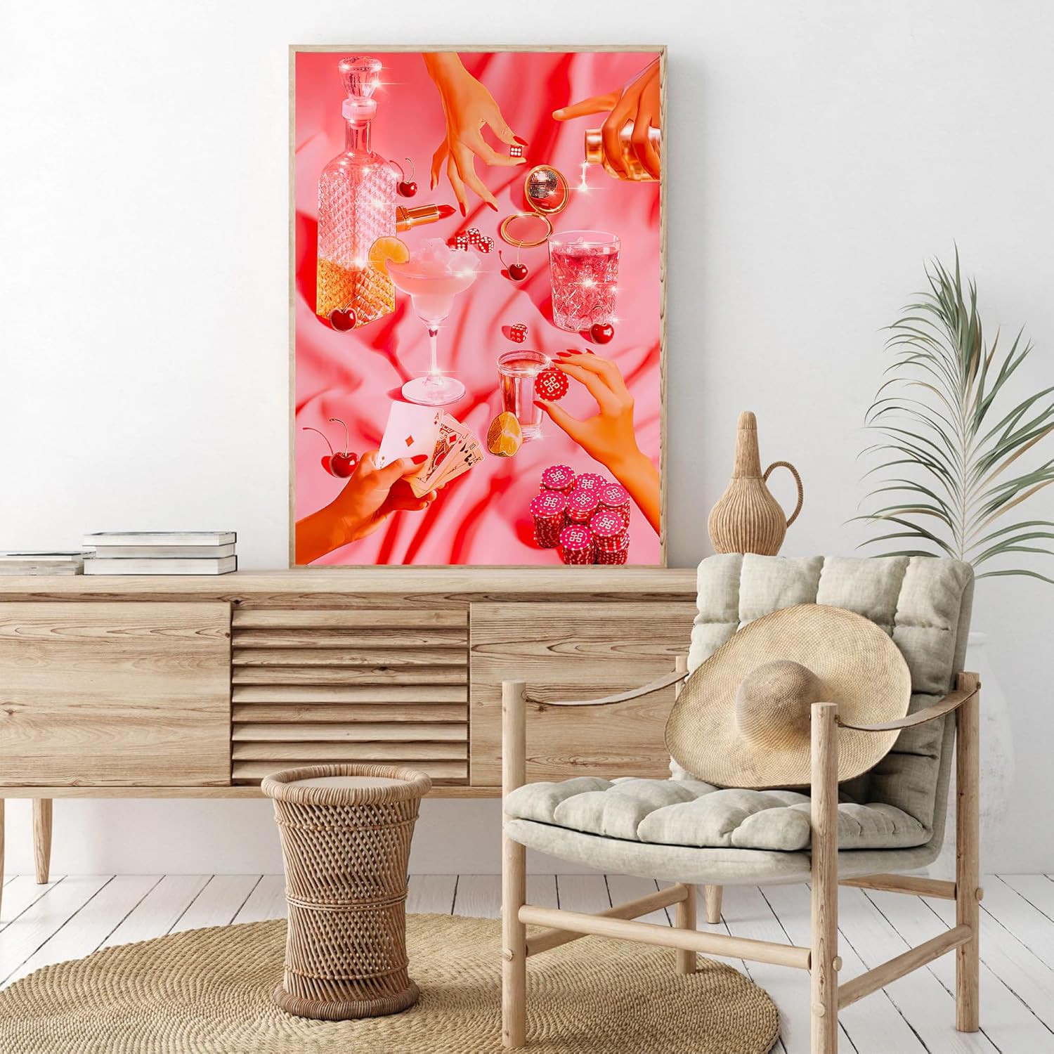 Arte de pared de moda, póquer rosa vintage, lindo y divertido cóctel, casino, dados en lienzo, arte de pared genial y funky para bebidas, bola de