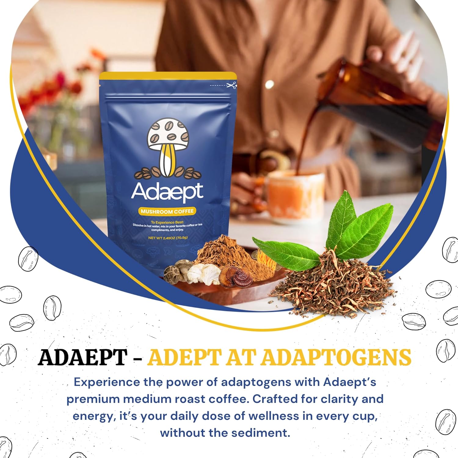 Adaept Café de hongos – Melena de león, Cordyceps, Reishi, Chaga, Shiitake y cola de pavo  Cacao peruano orgánico, raíz de diente de león y café
