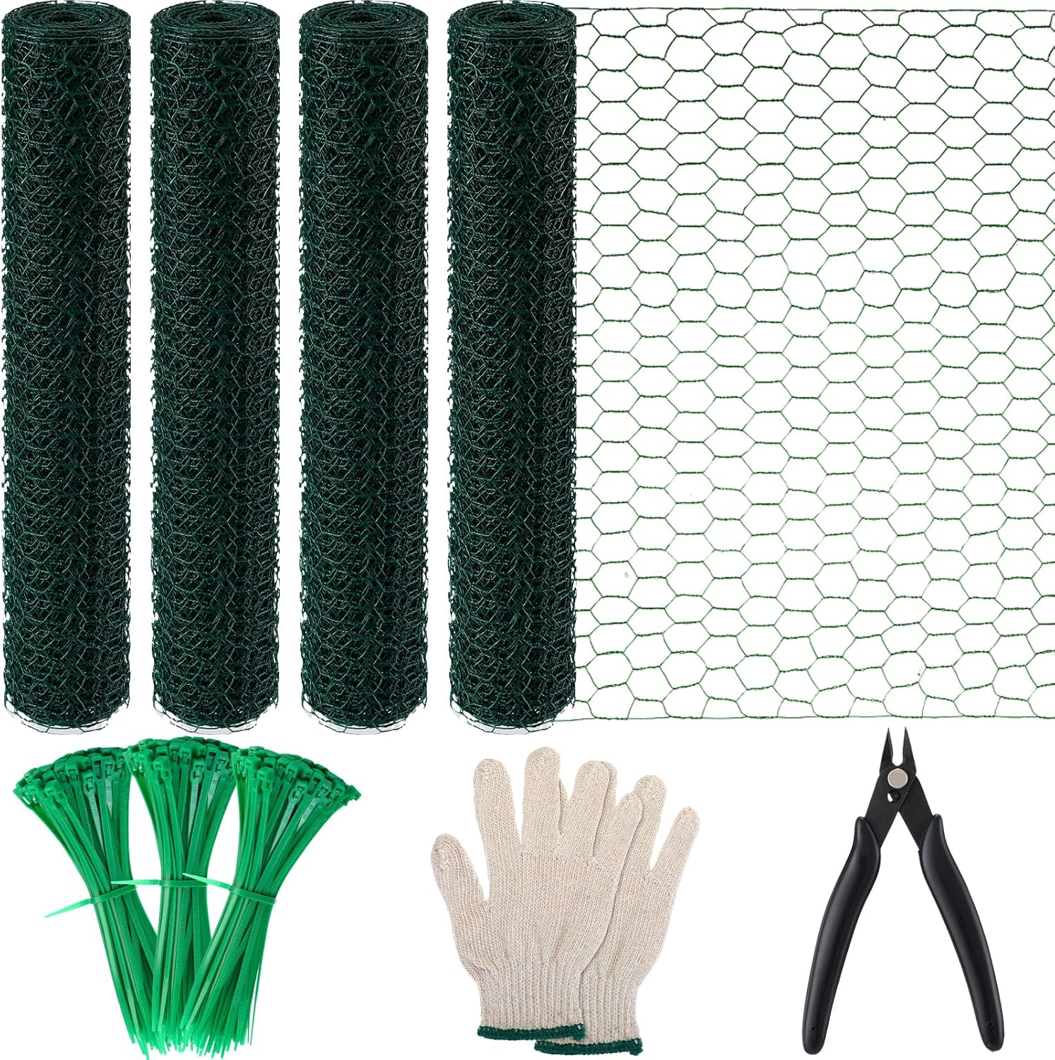 4 rollos de alambre de pollo de 13.7 x 236 pulgadas, malla de alambre floral hexagonal galvanizado floral con alicates, guantes protectores, bridas