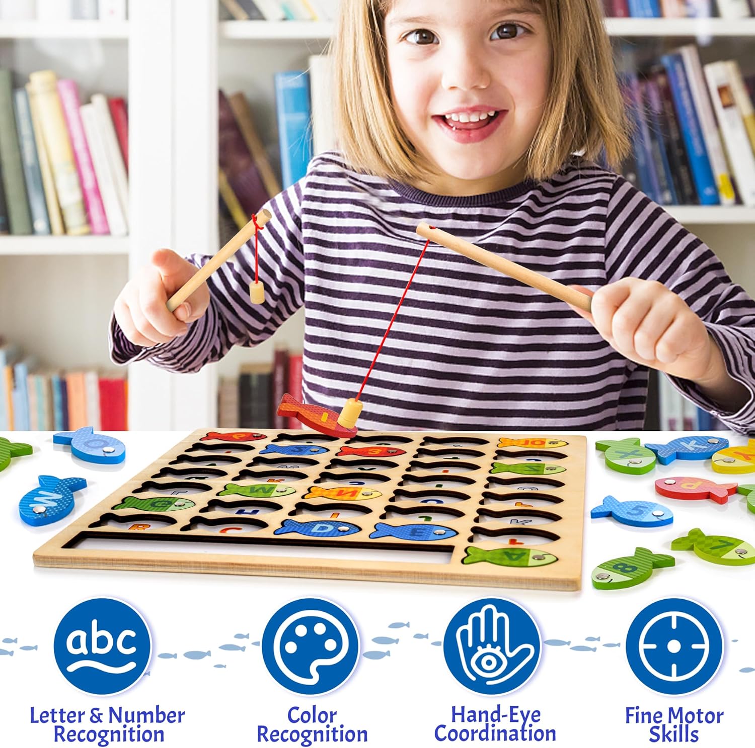 Juego de pesca magnética de madera, rompecabezas Montessori preescolar del alfabeto ABC aprendizaje juguetes educativos con tarjetas de palabras,