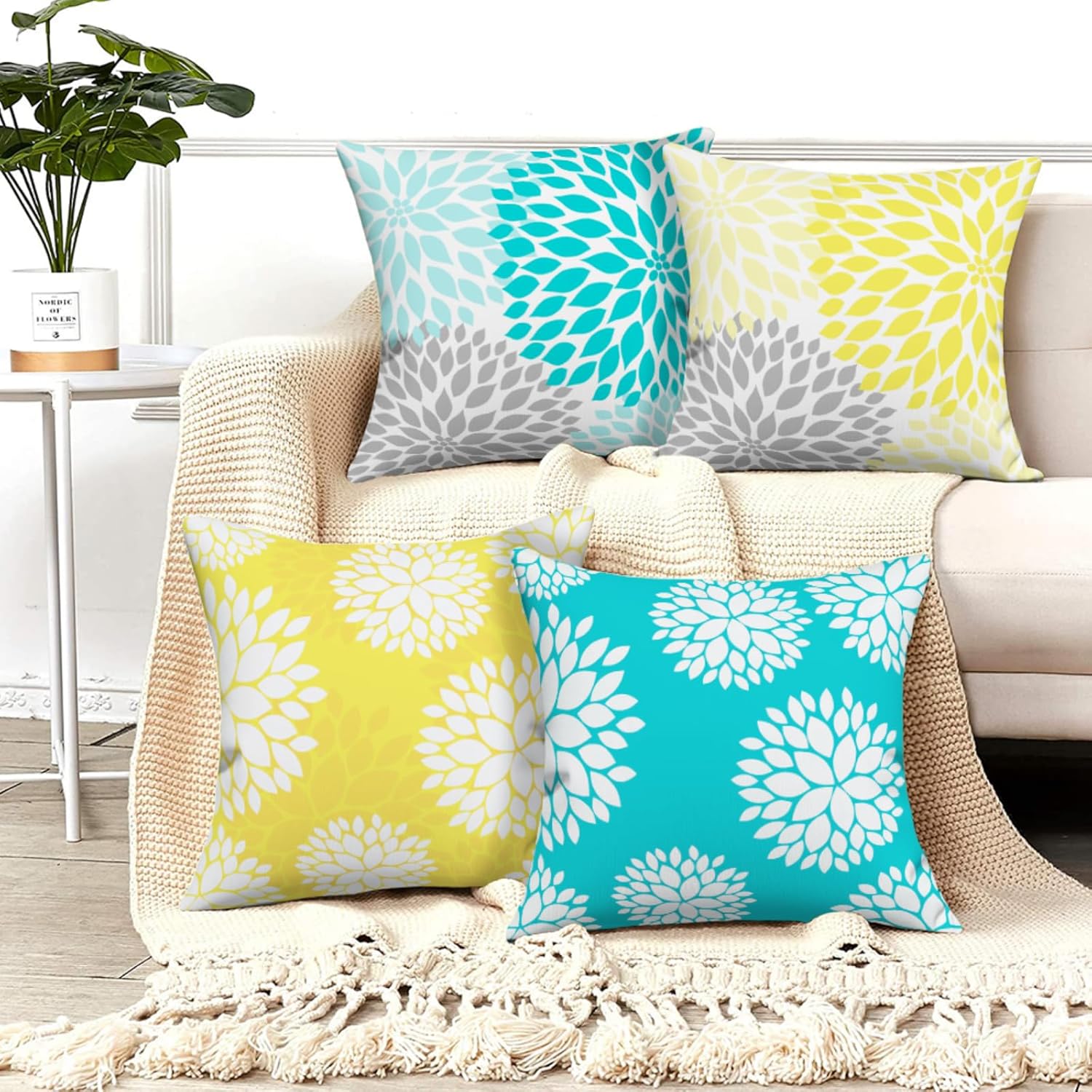 LALILO Juego de 4 fundas de almohada decorativas de color amarillo y verde azulado de 18 x 18 pulgadas, fundas de almohada suaves de verano con