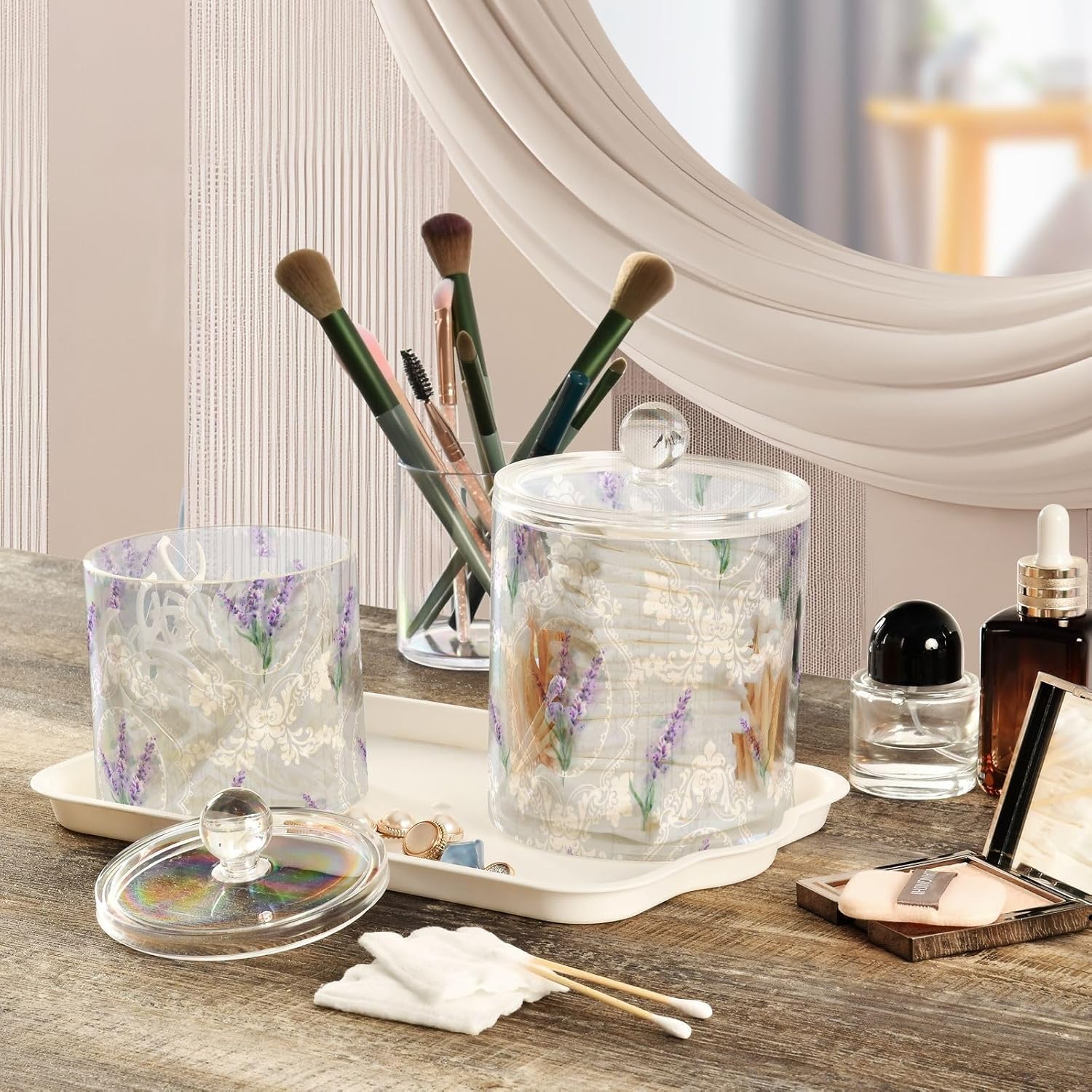 Tarros de flores de lavanda con tapas, contenedores de almacenamiento de baño, recipientes de algodón para dormitorio, artículos esenciales para