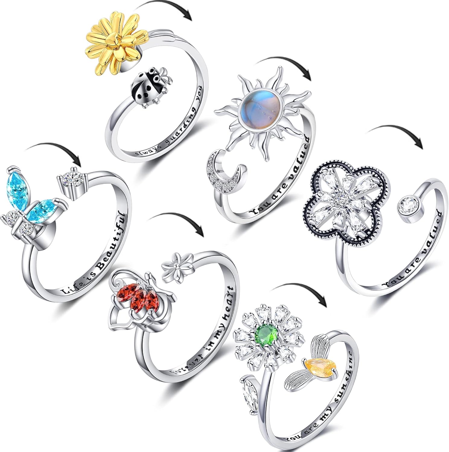 6 anillos para la ansiedad para mujer, anillos abiertos ajustables, anillos giratorios para calmar el estado de ánimo, anillos de mariposa con