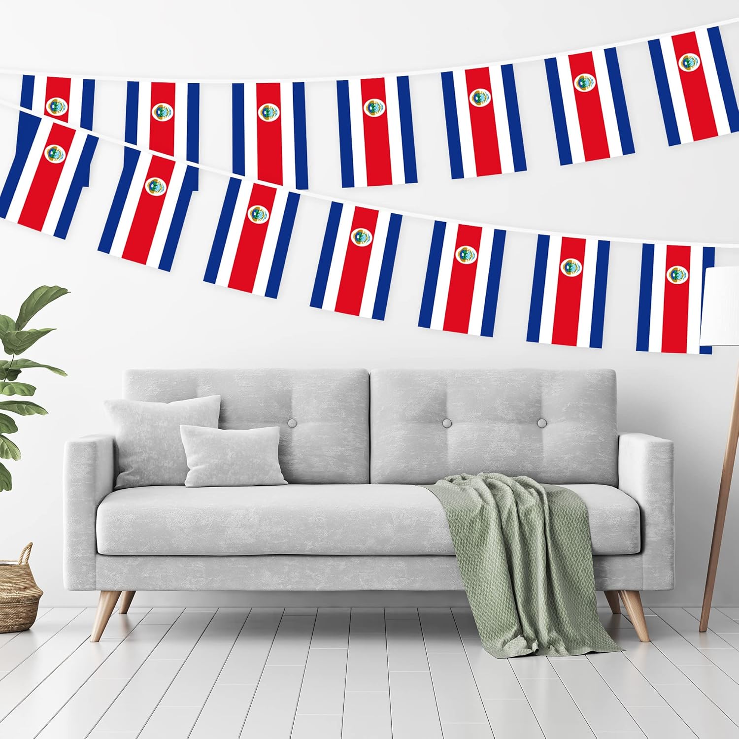 G128 Bandera costarricense de Costa Rica  Bandera de 8.2 x 5.5 pulgadas, cuerda completa de 33 pies  Poliéster 150D impreso, decoraciones para bar,