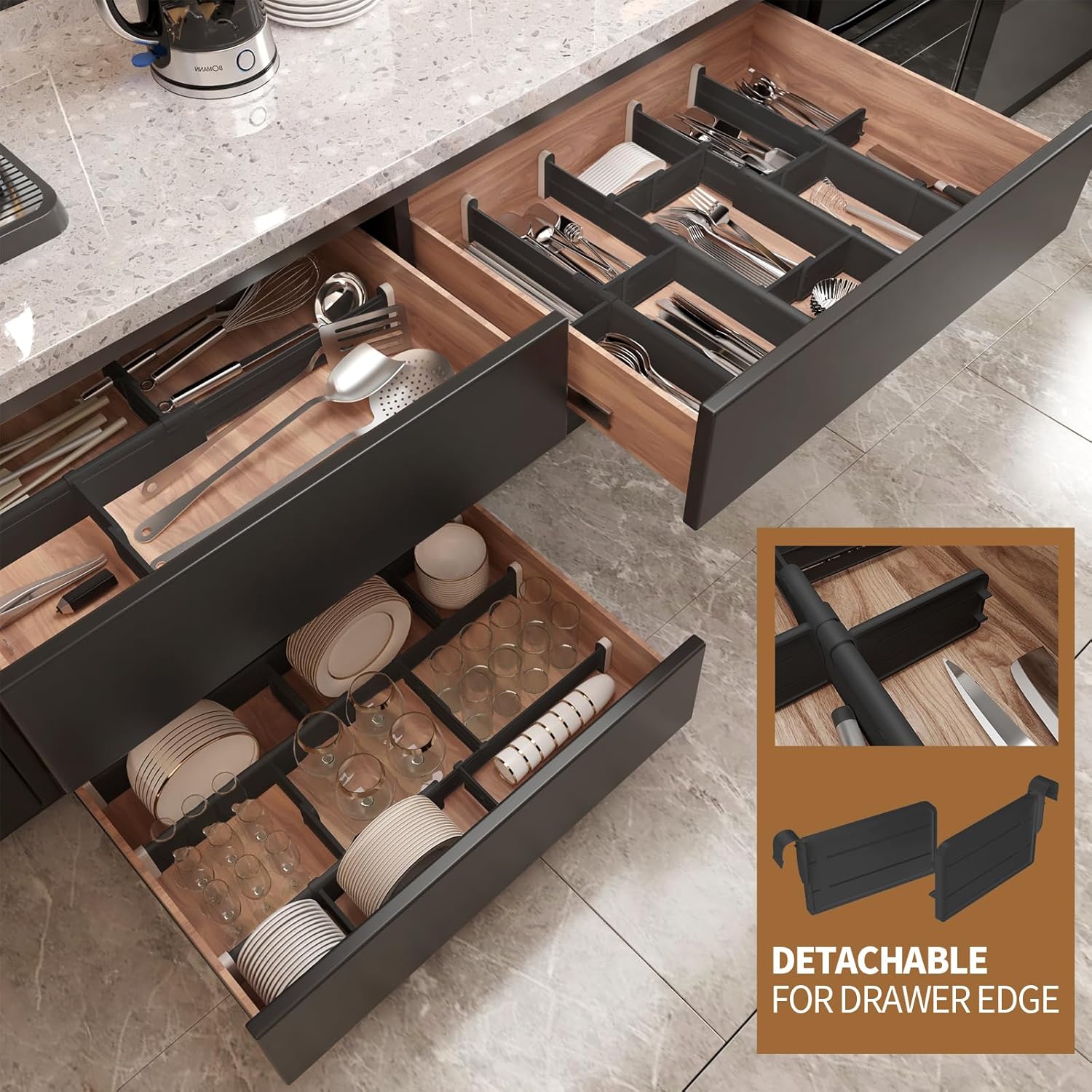 HiYZ Divisores de cajones ampliables con insertos, divisor de cajones de utensilios de cocina grandes, organizadores de cajones ajustables de 2.36