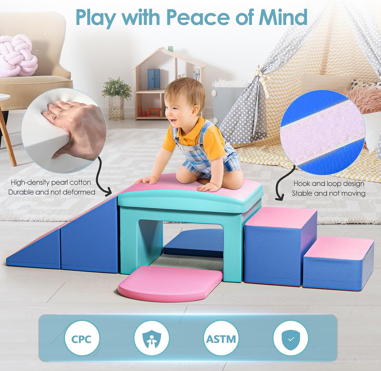 Bloques de escalada de espuma para niños pequeños, 6 piezas de juguetes de escalada suaves, juego de espuma para gatear y escalar con túnel, patio