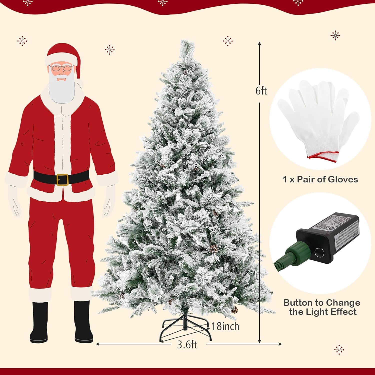 GOFLAME Árbol de Navidad artificial de 6 pies con agujas de pino, árbol de Navidad flocado de nieve con 850 puntas de ramas de polietileno y PVC,