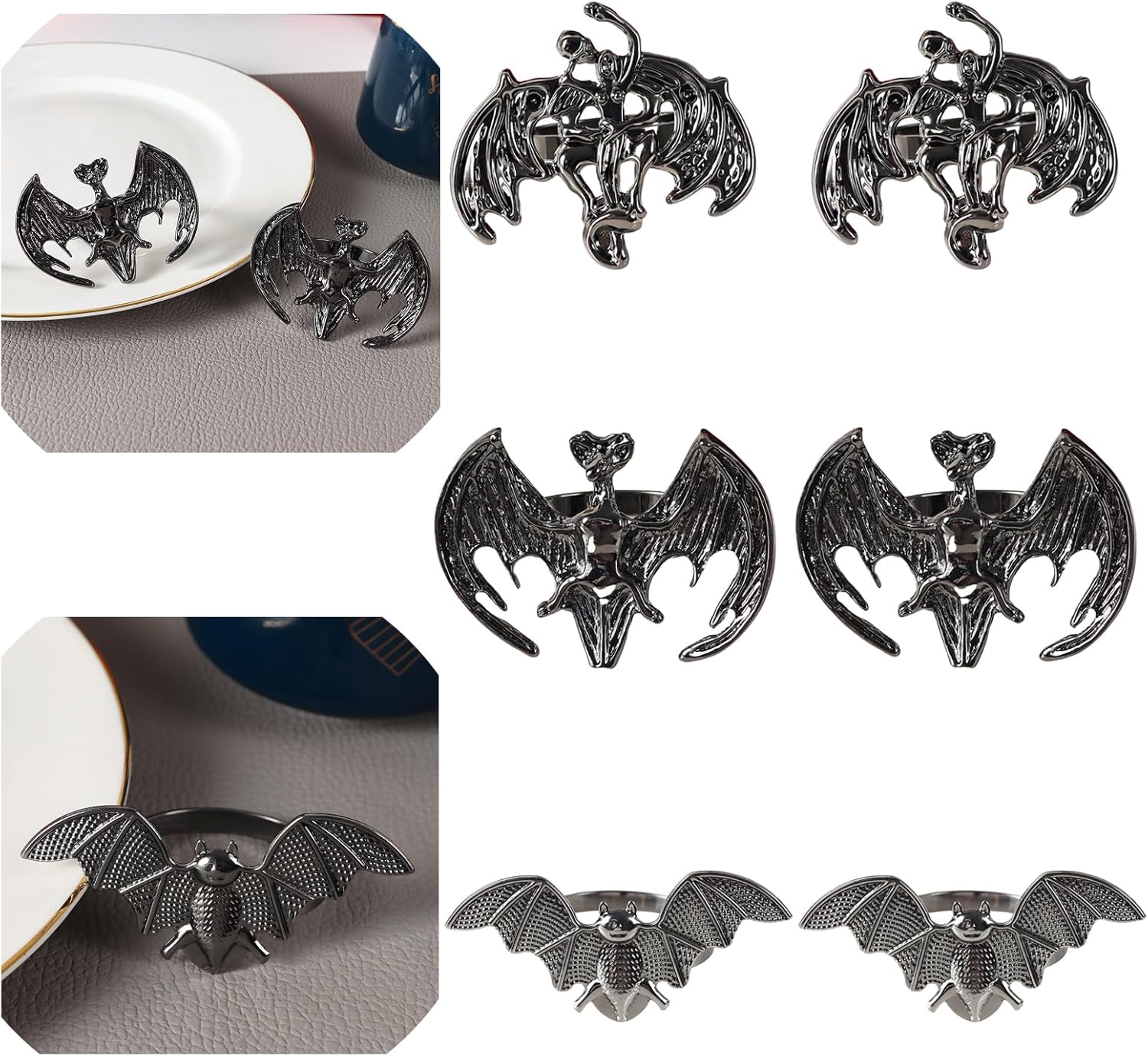 Juego de 6 servilleteros de metal, servilleteros de Halloween para cena, banquete de fiesta de vacaciones, decoración de mesa de buffet (murciélago)