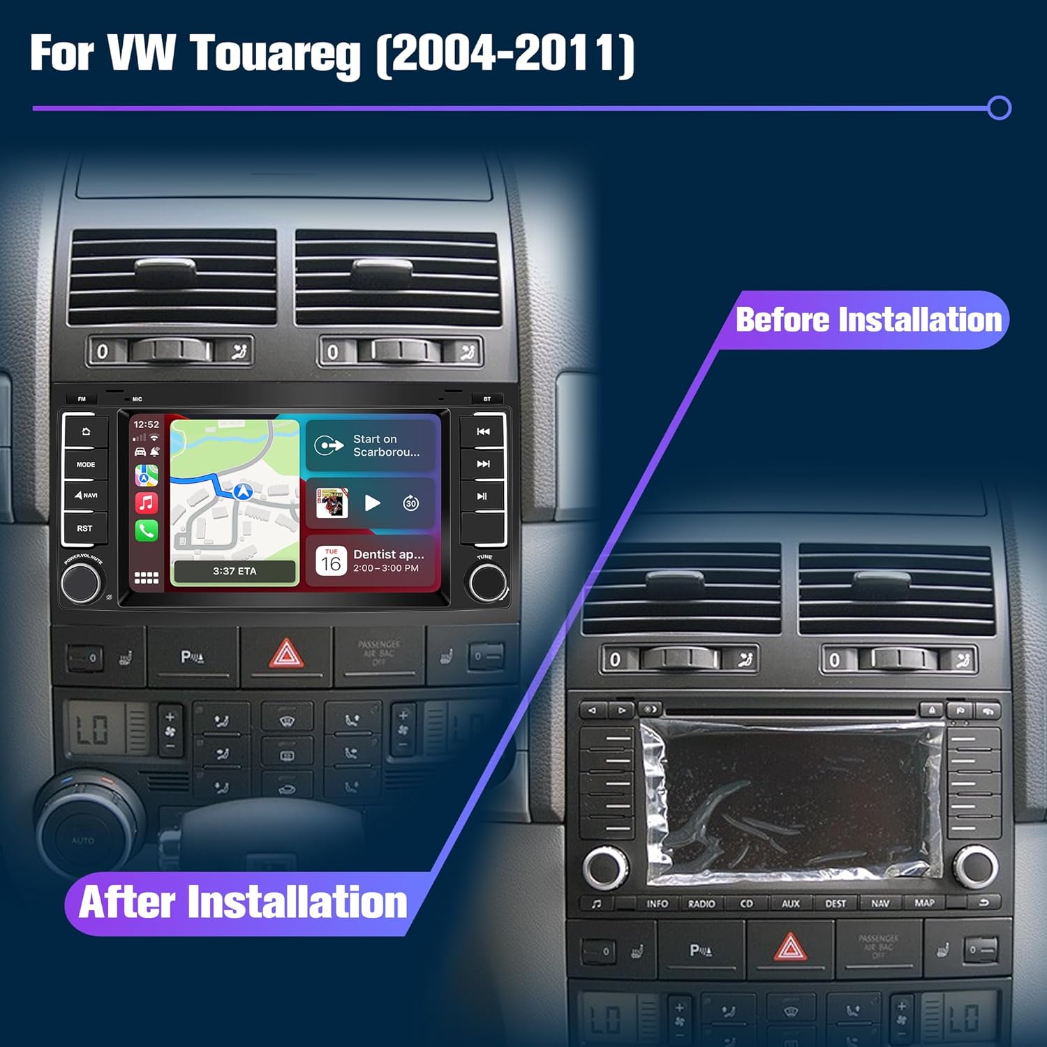 Radio para Touareg 64G Estéreo de coche doble DIN con Bluetooth AM FM Apple Carplay para VW Touareg 2004-2011, 7 “Pantalla táctil del mercado de