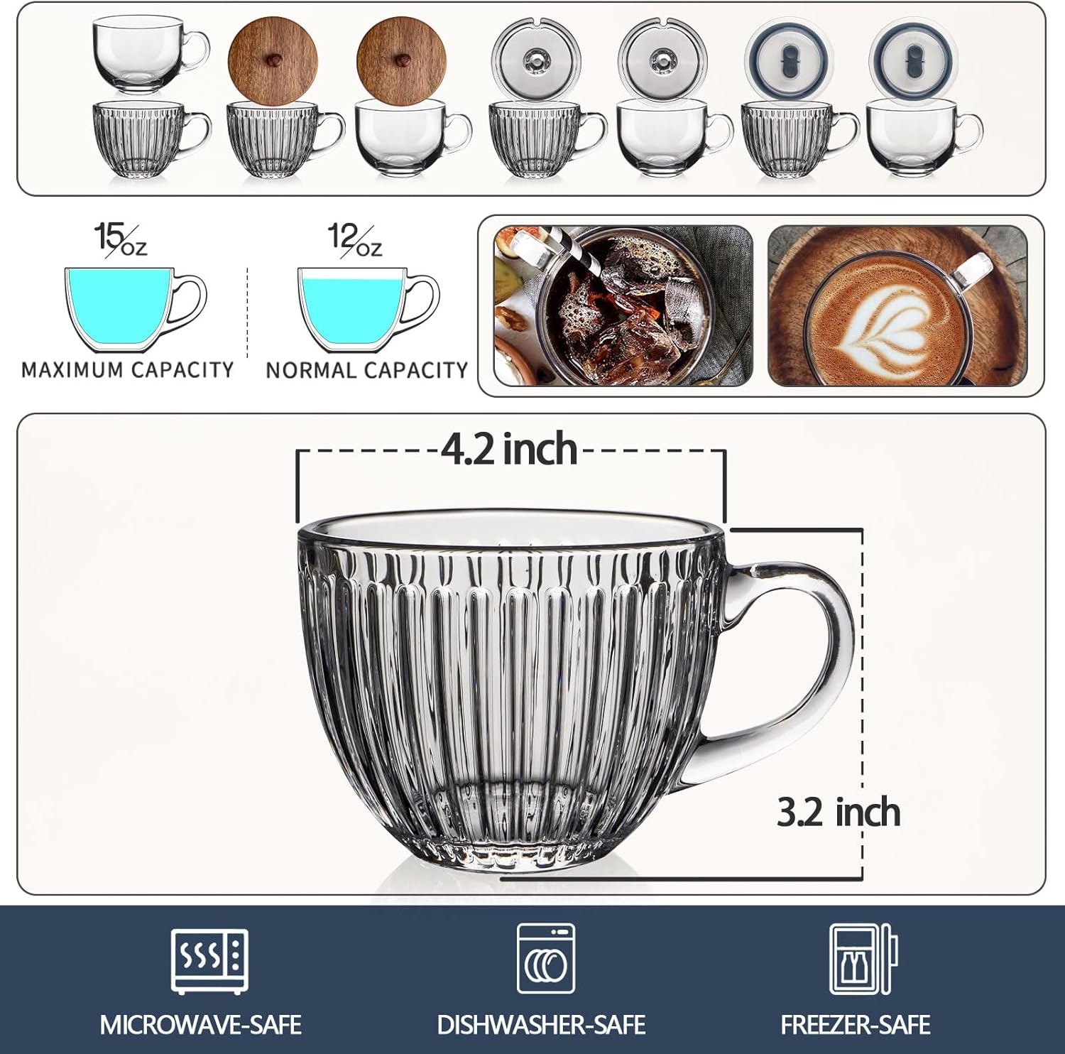 Artena Tazas de café de vidrio de 15 onzas, tazas de café, tazas de té transparentes acanaladas, vasos de café helado, bonitos accesorios de barra