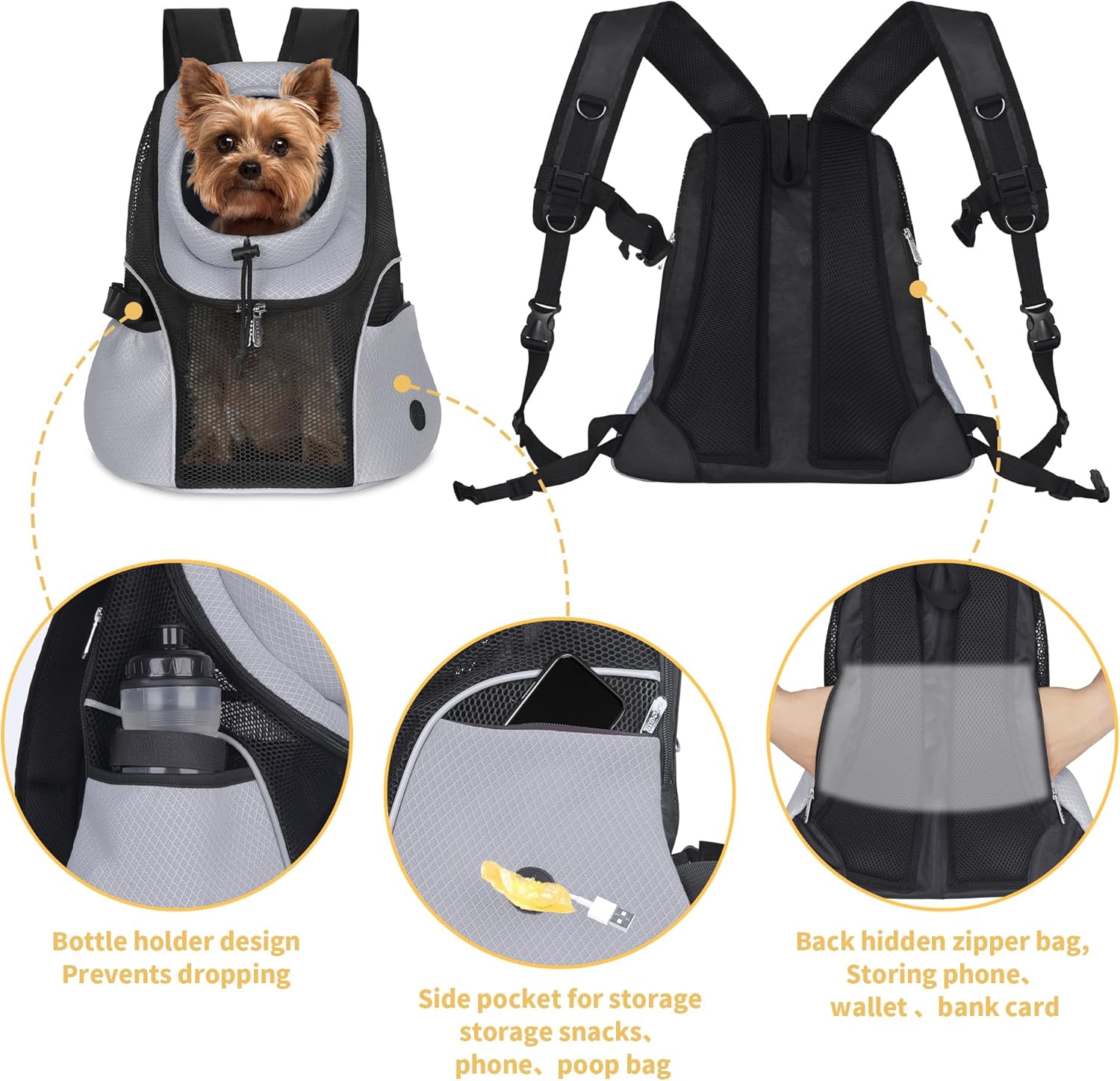 WOYYHO Mochila transportadora para perros pequeños, mochila frontal de malla ventilada para perros con cinturón de seguridad para viajes,