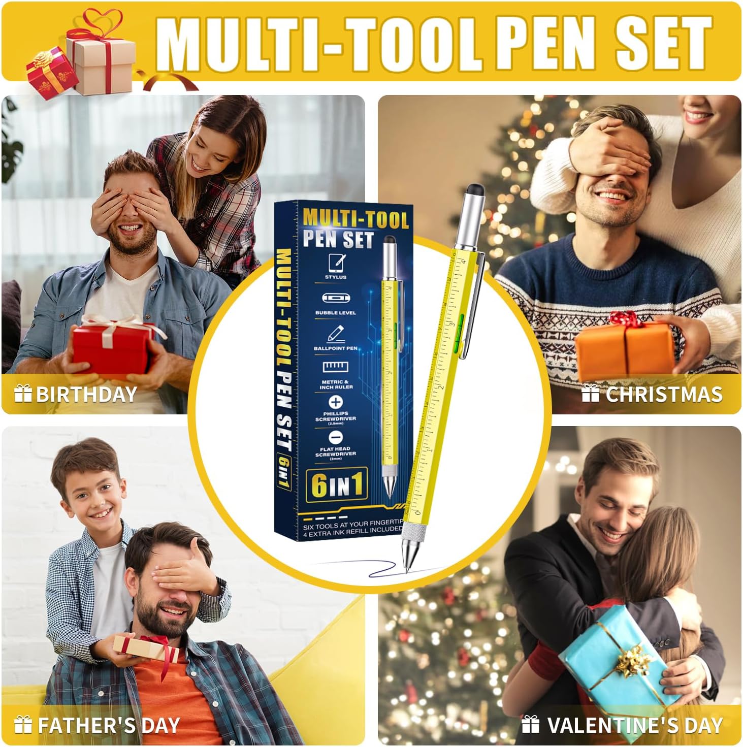NADRQQE Regalos geniales para hombres y mujeres, bolígrafo multiherramienta 6 en 1 para él, padre, abuelo, esposo, novio, dispositivo único
