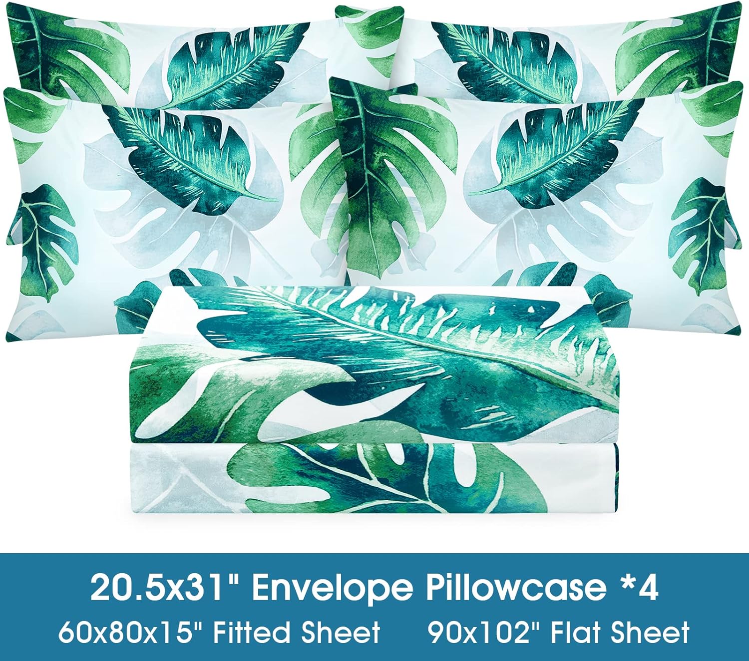 BYSURE Juego de sábanas Queen de 6 piezas (verde Monstera Deliciosa), sábanas con patrón botánico de núcleo de cabaña, decoración de ropa de cama de