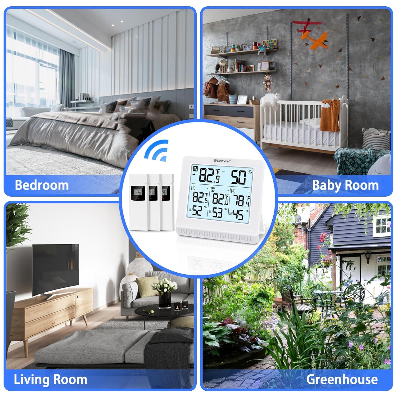 Geevon Termómetro inalámbrico para interiores y exteriores con 3 sensores remotos, termómetro higrómetro digital, medidor de temperatura y monitor