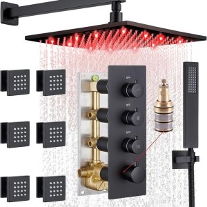 MONDAWE Sistema de ducha LED para baño, cabezal de ducha doble de lluvia de 12 pulgadas con rociador de asa, juego de ducha termostática de 3 MONDAWE Sistema de ducha LED para baño, cabezal de ducha doble de lluvia de 12 pulgadas con rociador de asa, juego de ducha termostática de 3