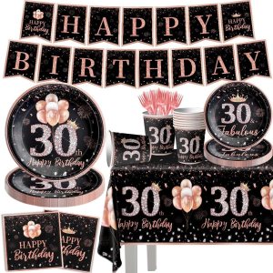 142 piezas de vajilla de 30 cumpleaños para mujer, suministros de fiesta de cumpleaños de 30 años de color oro rosa para ella, mantel desechable, 142 piezas de vajilla de 30 cumpleaños para mujer, suministros de fiesta de cumpleaños de 30 años de color oro rosa para ella, mantel desechable,