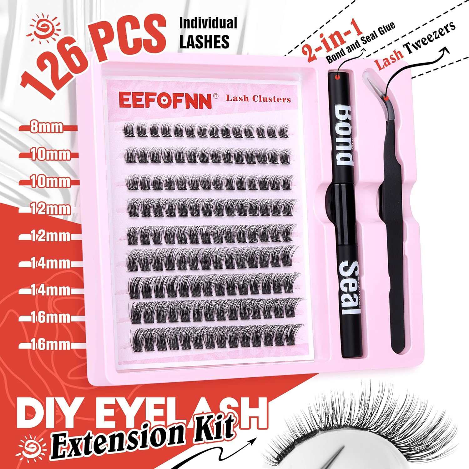 Kit de extensión de pestañas para bricolaje, racimos de pestañas rizadas D, 126 piezas, kit de pestañas individuales naturales con enlace de