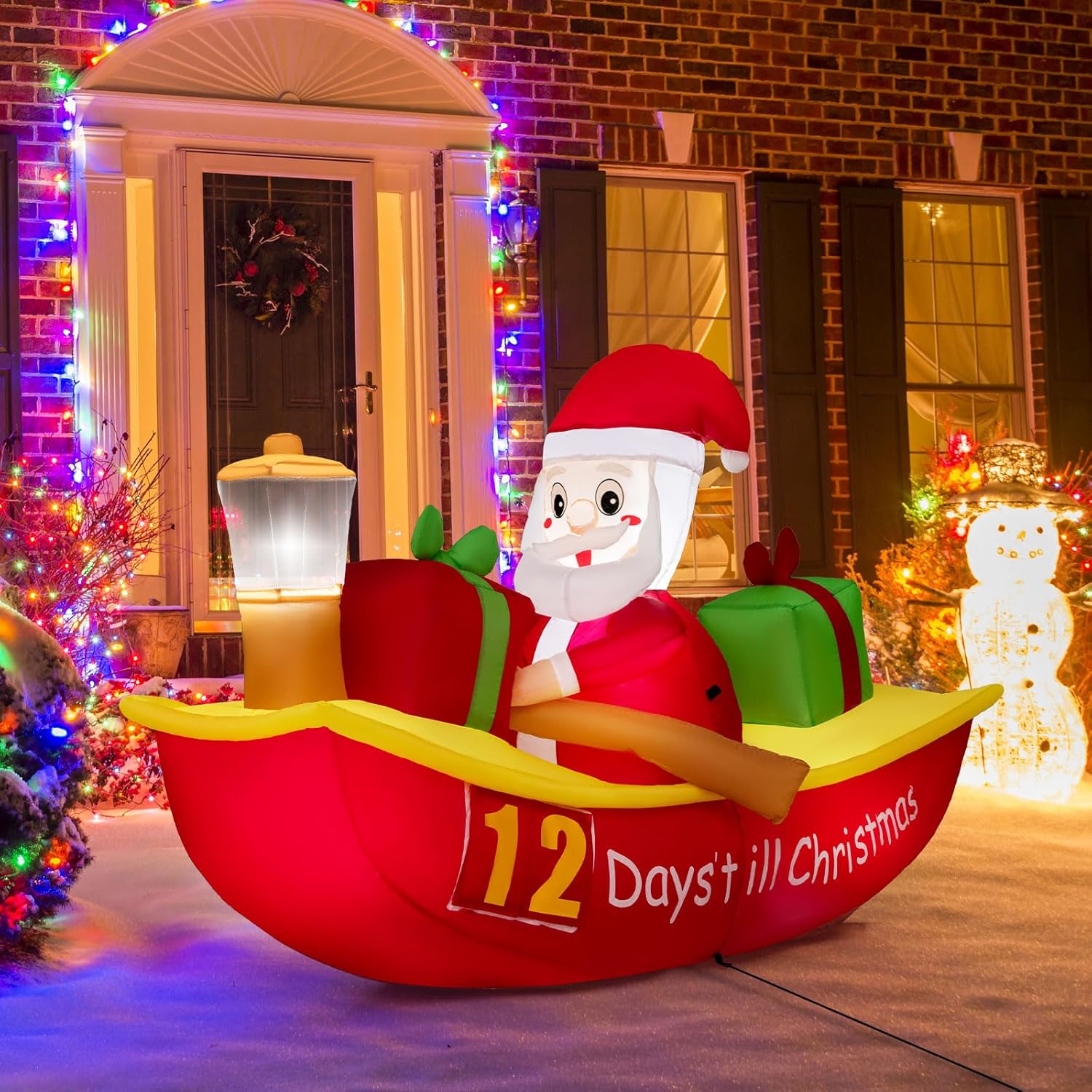 Tangkula Barco inflable de remo de Papá Noel de 7 pies con luz de navegación, cuenta regresiva para Navidad, decoración iluminada al aire libre con