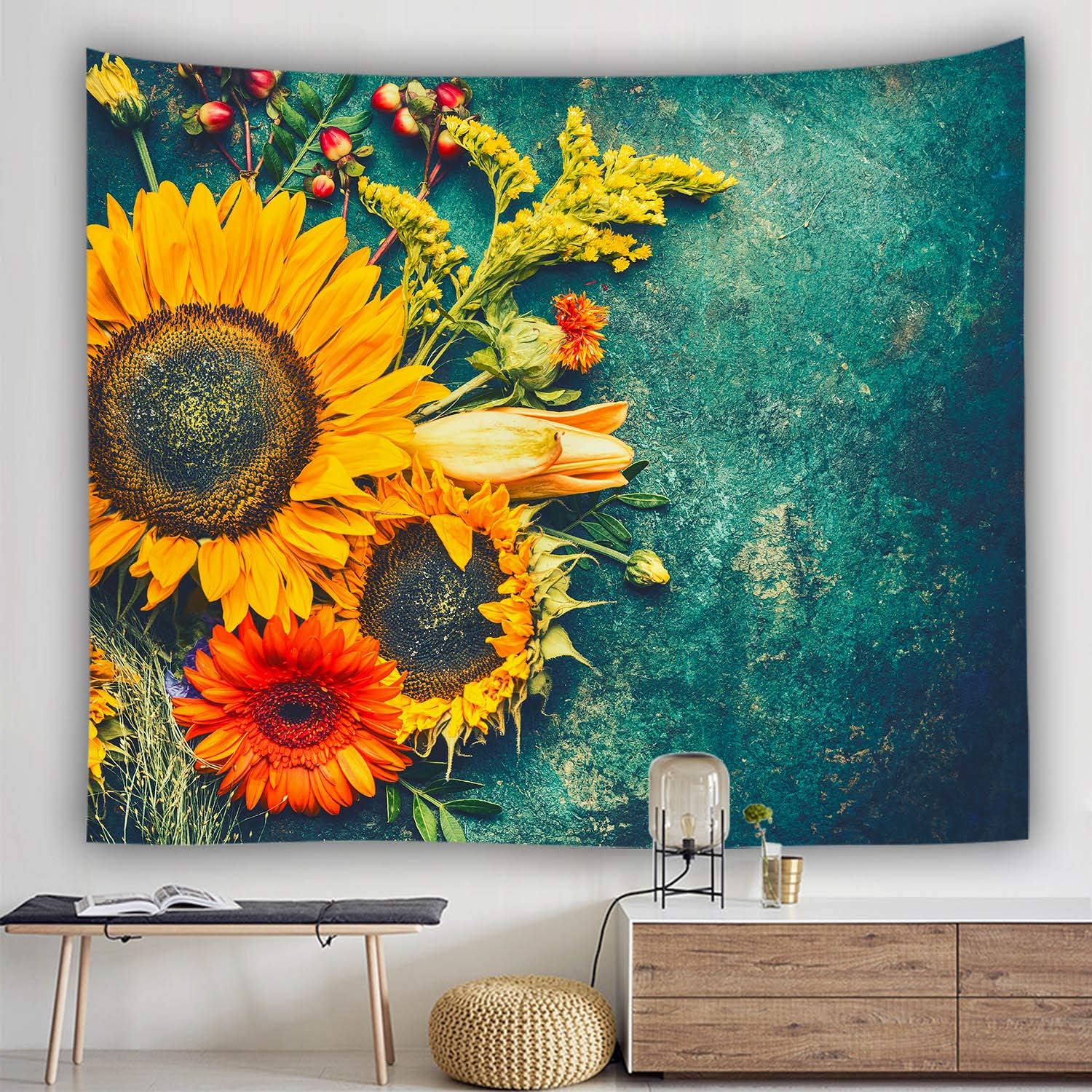 ulogu Tapiz de flores de sol, tapiz de pared con estampado floral natural, pintura al óleo, tapiz de bosque de plantas naturales, para colgar en la