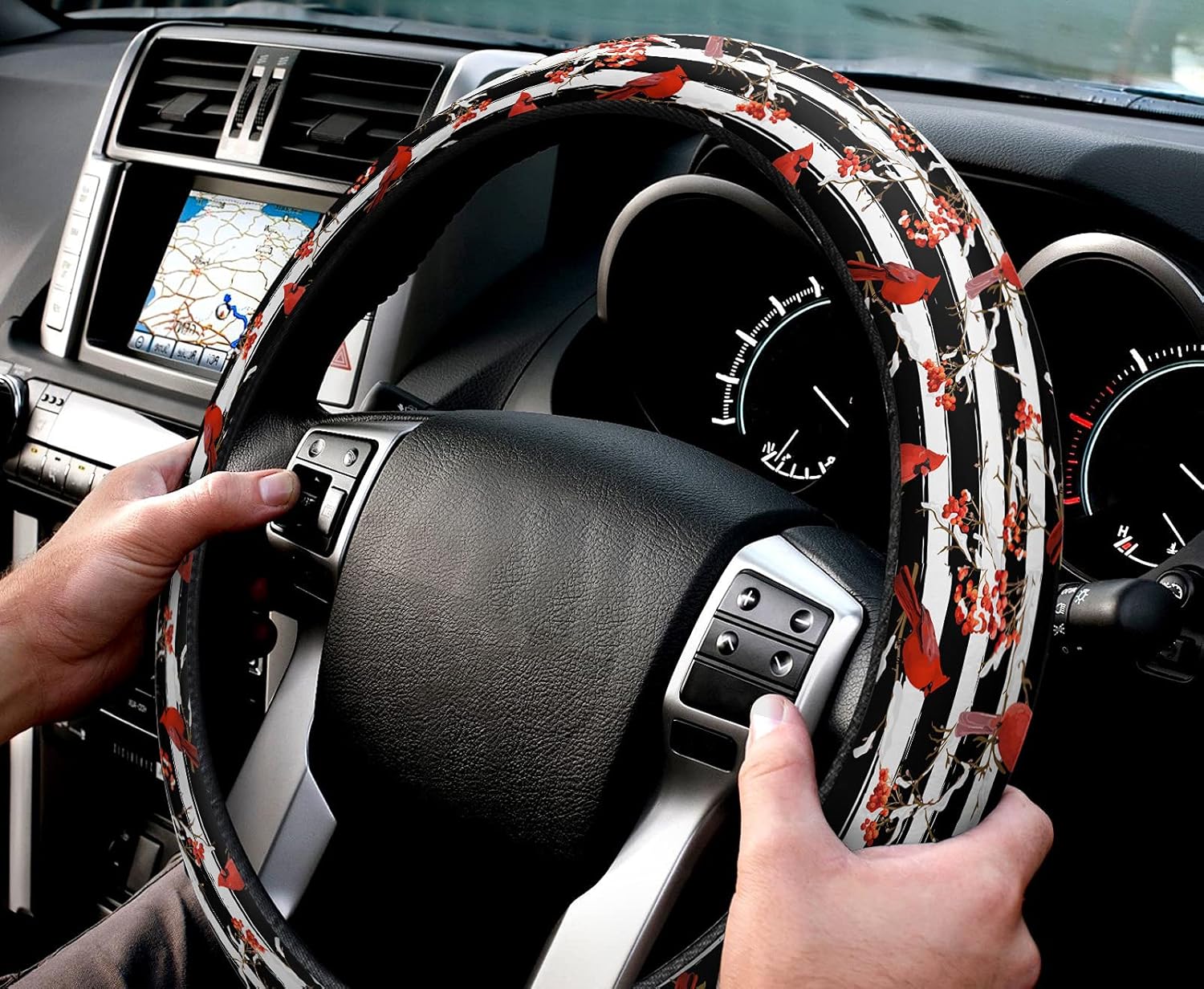 Funda protectora para volante de automóvil, diseño de árbol de bayas y bayas de invierno, diseño de árbol de bayas y negro, con rayas elásticas y